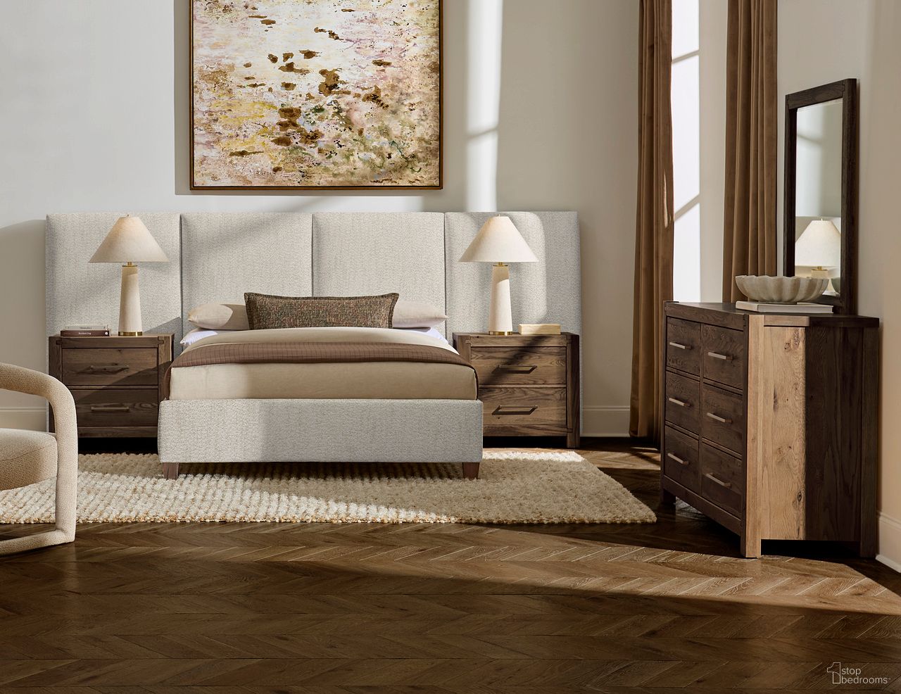 Joinery Upholstered Wall Bedroom Set In Labradoodle and Espresso Oak