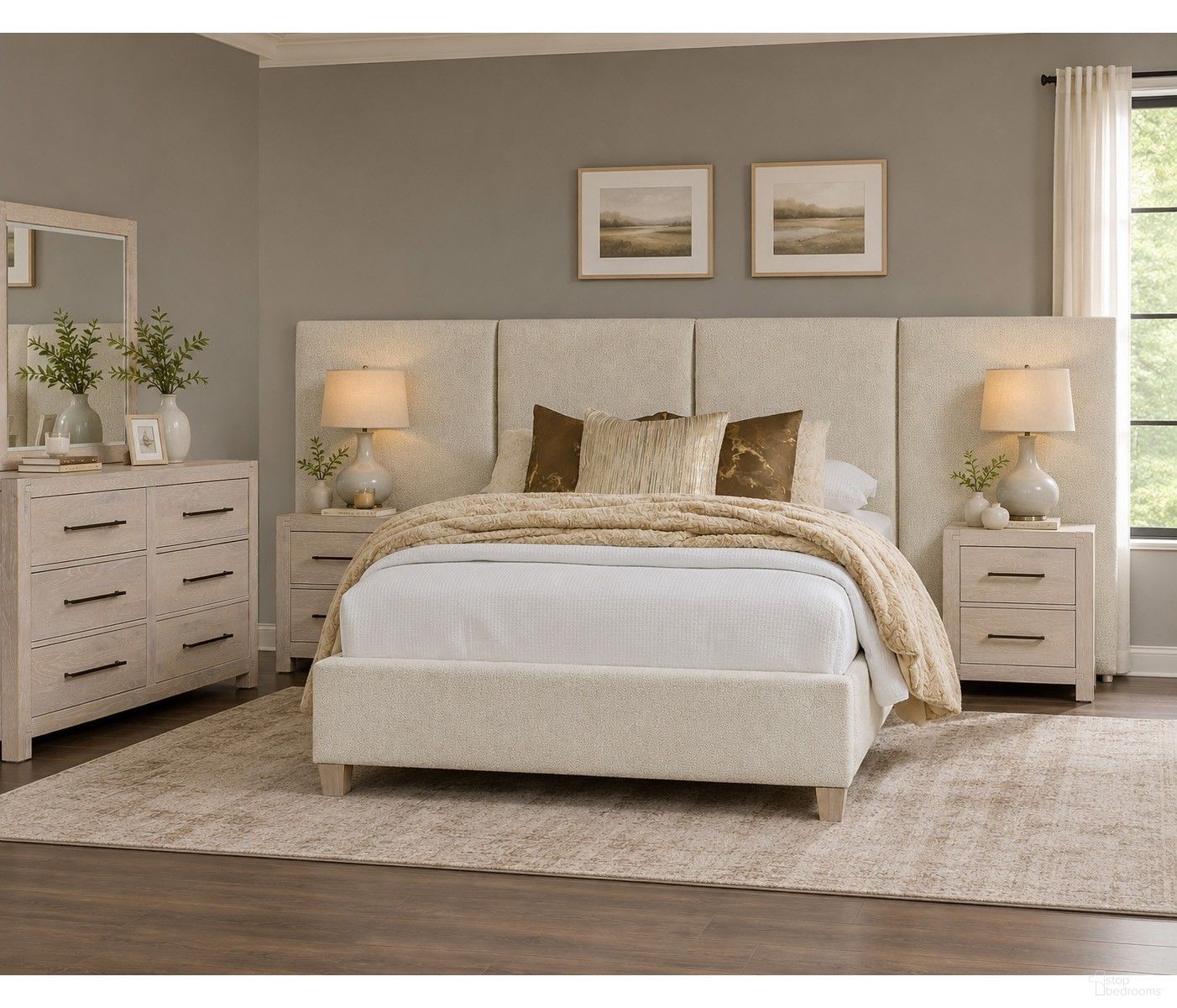 Joinery Upholstered Wall Bedroom Set In Labradoodle and Whitewashed Oak