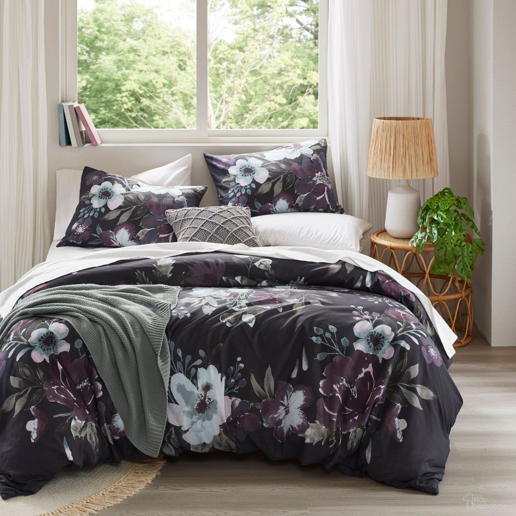 Jolene 3 Piece Cotton Duvet Cover Set In Dark Grey and Plum