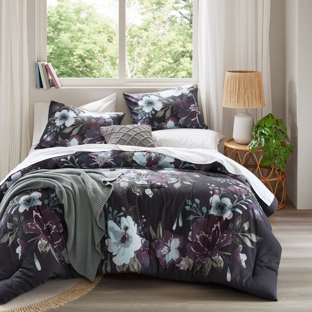 Jolene 3 Piece Cotton Printed Comforter Set In Dark Grey and Plum
