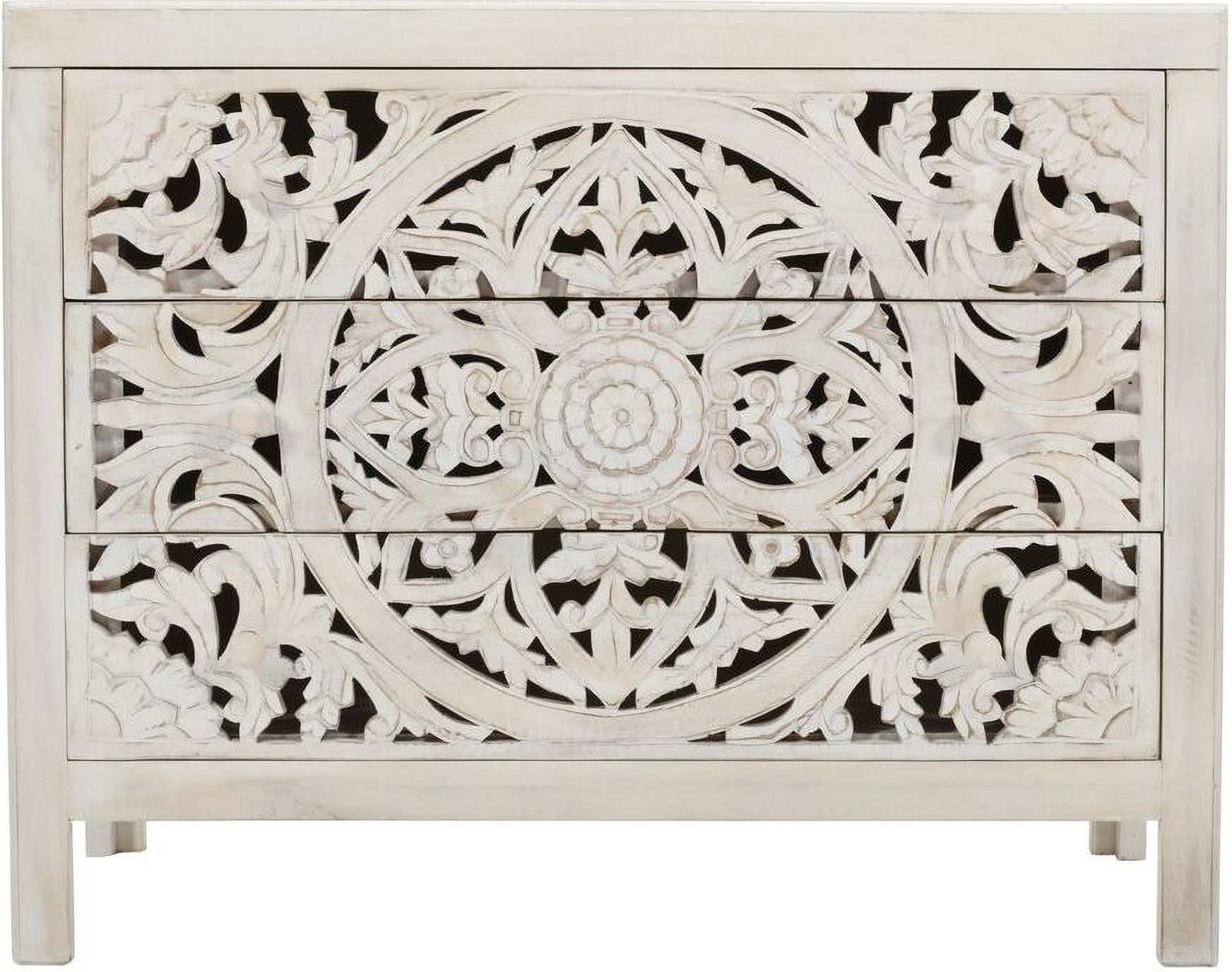 The appearance of Jolie Global Boho Hand Carved Accent Chest with 3 Drawers In White Wash designed by Jofran in the rustic / southwestern interior design. This white wash piece of furniture  was selected by 1StopBedrooms from Jolie Collection to add a touch of cosiness and style into your home. Sku: 2356-39. Material: MDF.