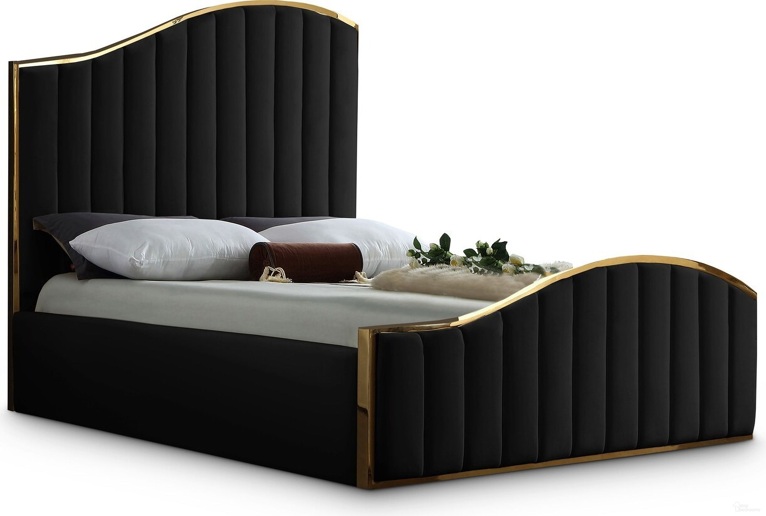The appearance of Jolie Velvet King Bed In Black designed by Meridian in the modern / contemporary interior design. This black piece of furniture was selected by 1StopBedrooms from Jolie Collection to add a touch of cosiness and style into your home. Sku: JolieBlack-K Box 1/3 (HB);JolieBlack-K Box 2/3 (FB/Hardware/Legs/Slats);JolieBlack-K Box 3/3 (Siderails/Metal Bar). Bed Type: Panel Bed. Bed Size: King. Material: Velvet.