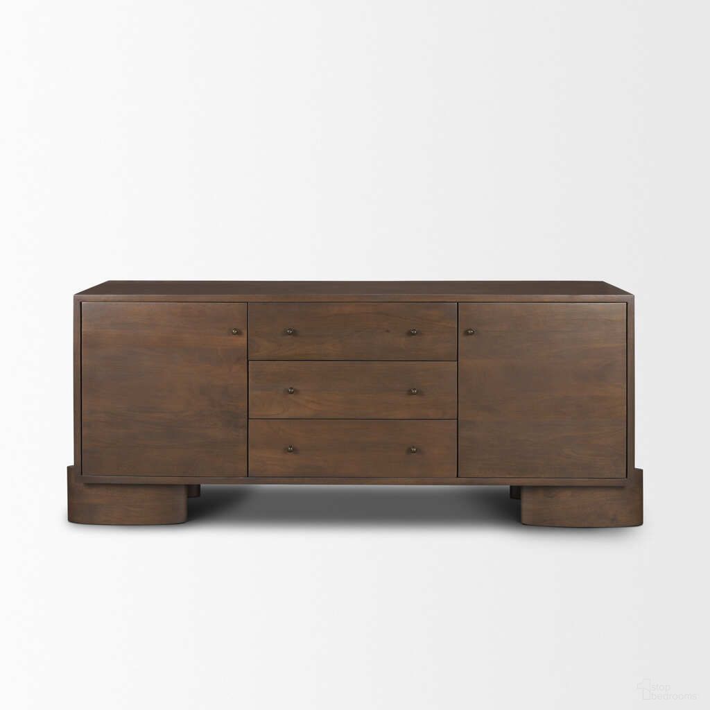 The appearance of Jonan Wood with Dark Aged Brass 2 Door 3 Drawer Sideboard In Dark Brown designed by Mercana in the modern / contemporary interior design. This dark brown piece of furniture  was selected by 1StopBedrooms from Jonan Collection to add a touch of cosiness and style into your home. Sku: 71111. Material: Solid Wood.