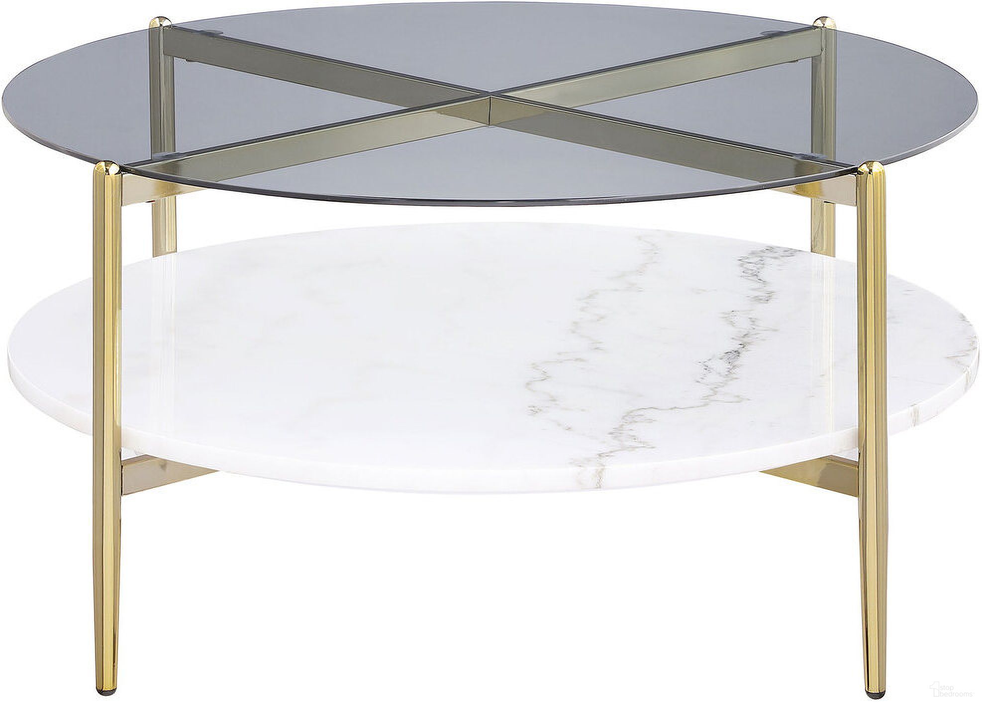 The appearance of Jonelle Round Glass Top Coffee Table White Marble Shelf In Smoke designed by Coaster in the modern / contemporary interior design. This smoke piece of furniture  was selected by 1StopBedrooms from Jonelle Collection to add a touch of cosiness and style into your home. Sku: 710338. Material: Glass.