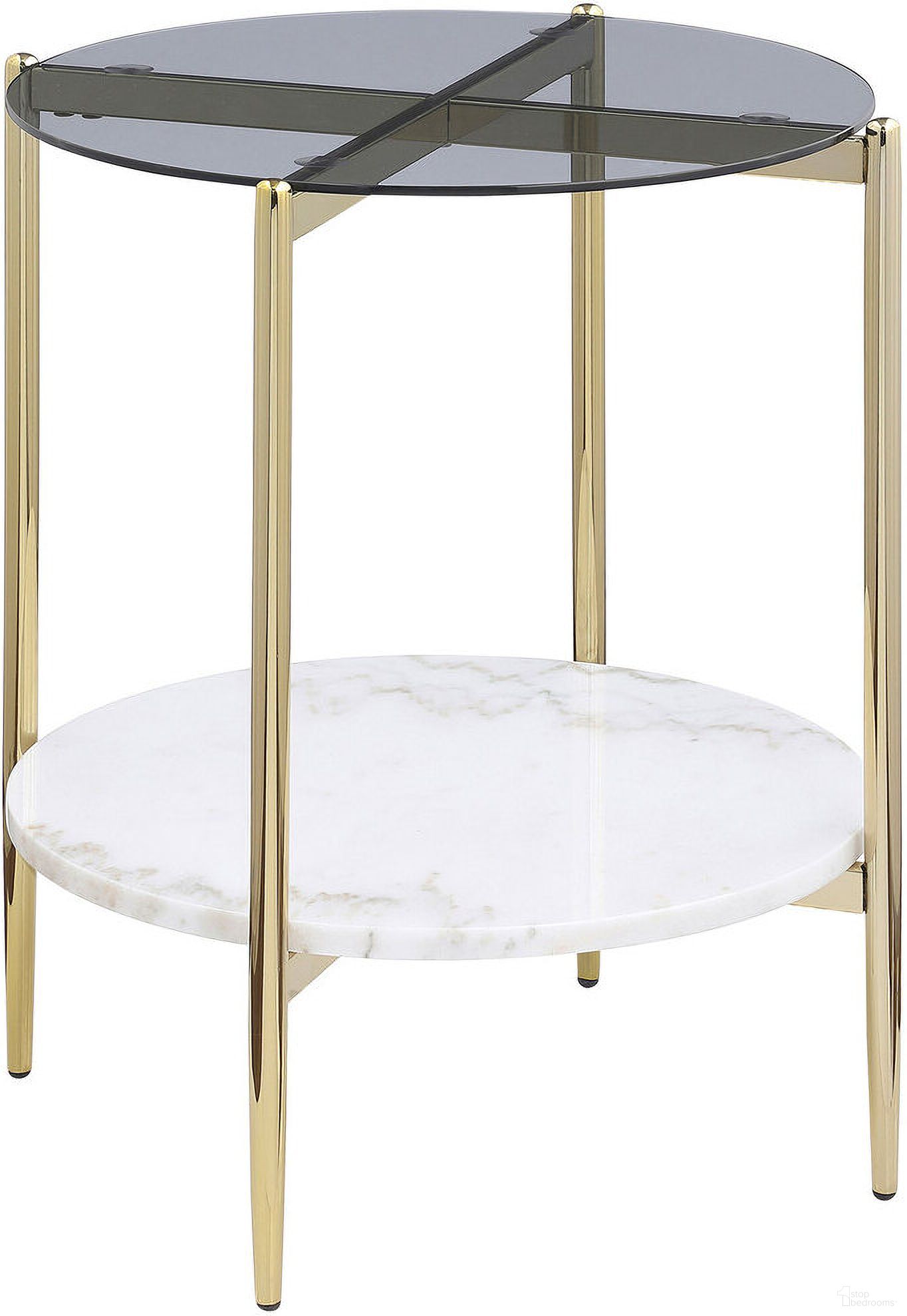The appearance of Jonelle Round Glass Top End Table White Marble Shelf In Smoke designed by Coaster in the modern / contemporary interior design. This smoke piece of furniture  was selected by 1StopBedrooms from Jonelle Collection to add a touch of cosiness and style into your home. Sku: 710337. Material: Glass.