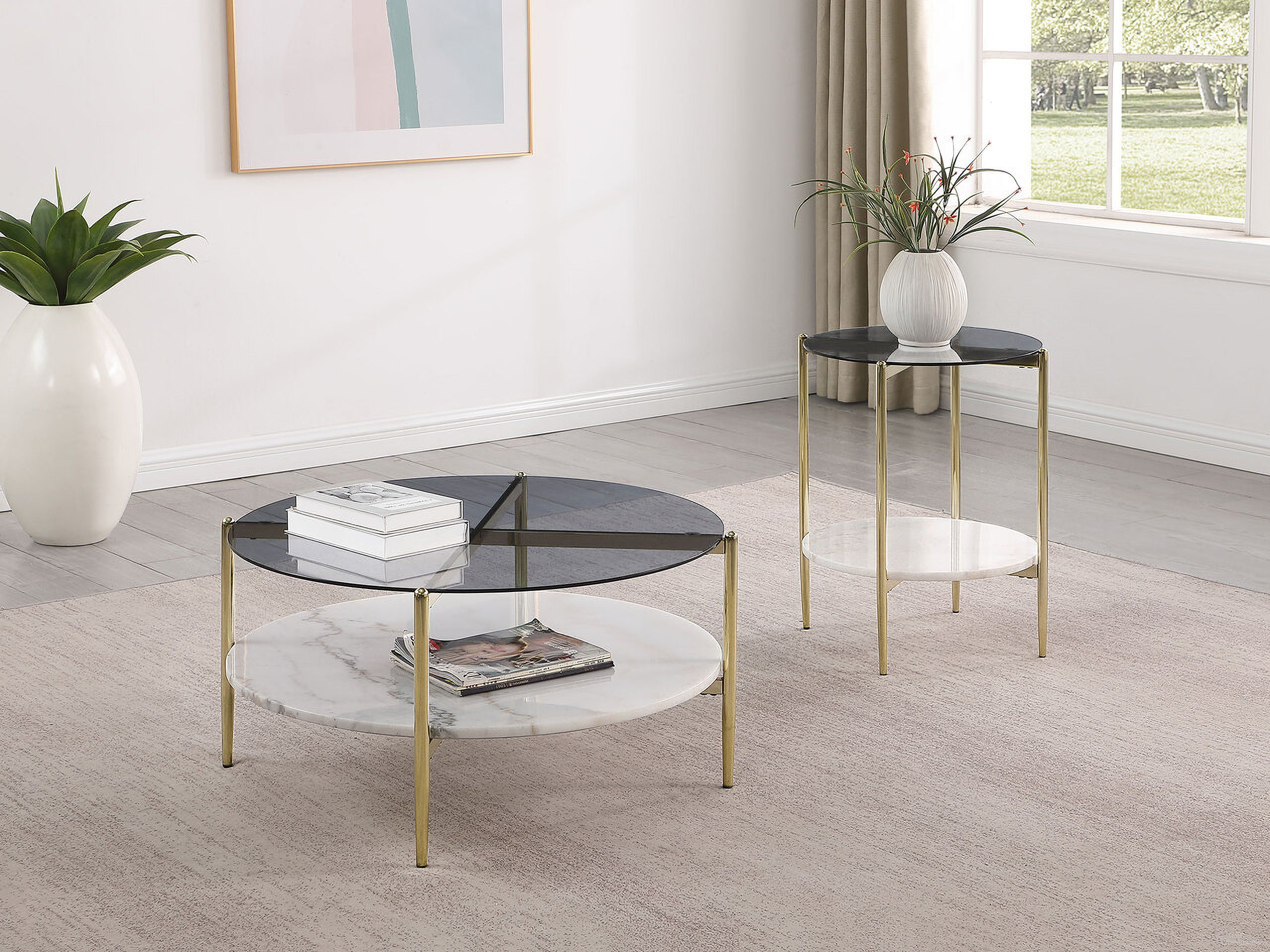 The appearance of Jonelle Round Glass Top Occasional Table Set with White Marble Shelf In Smoke designed by Coaster in the modern / contemporary interior design. This smoke piece of furniture  was selected by 1StopBedrooms from Jonelle Collection to add a touch of cosiness and style into your home. Sku: 710338;710337. Material: Glass.