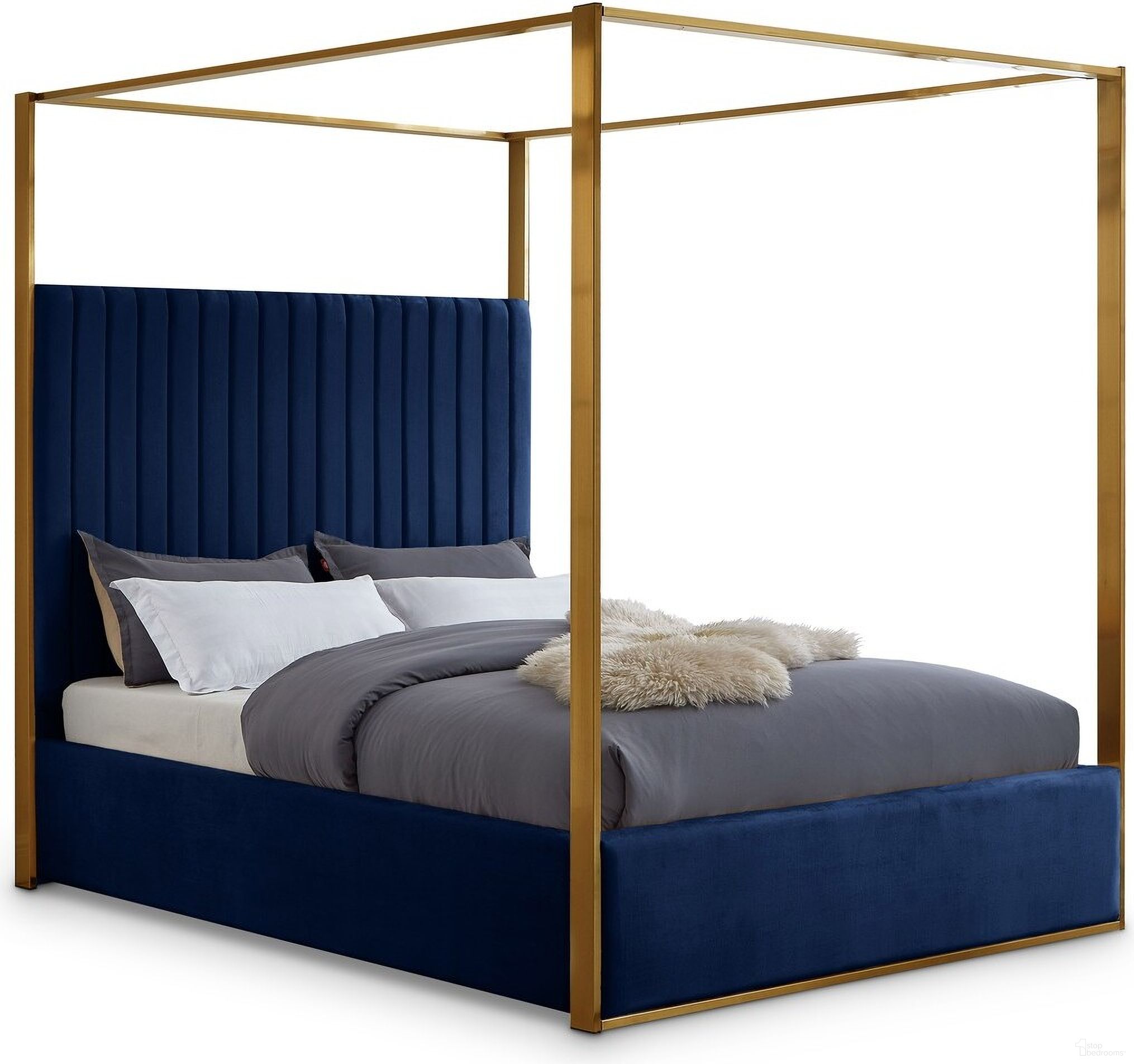 The appearance of Jones Velvet King Bed In Navy designed by Meridian in the modern / contemporary interior design. This navy piece of furniture  was selected by 1StopBedrooms from Jones Collection to add a touch of cosiness and style into your home. Sku: JonesNavy-K Box 1/2 (HB/Slats);JonesNavy-K Box 2/2 (FB/Rails/Metal Bar/Hardware/Legs/9 Vertical Rods). Bed Type: Canopy Bed. Bed Size: King. Material: Velvet.