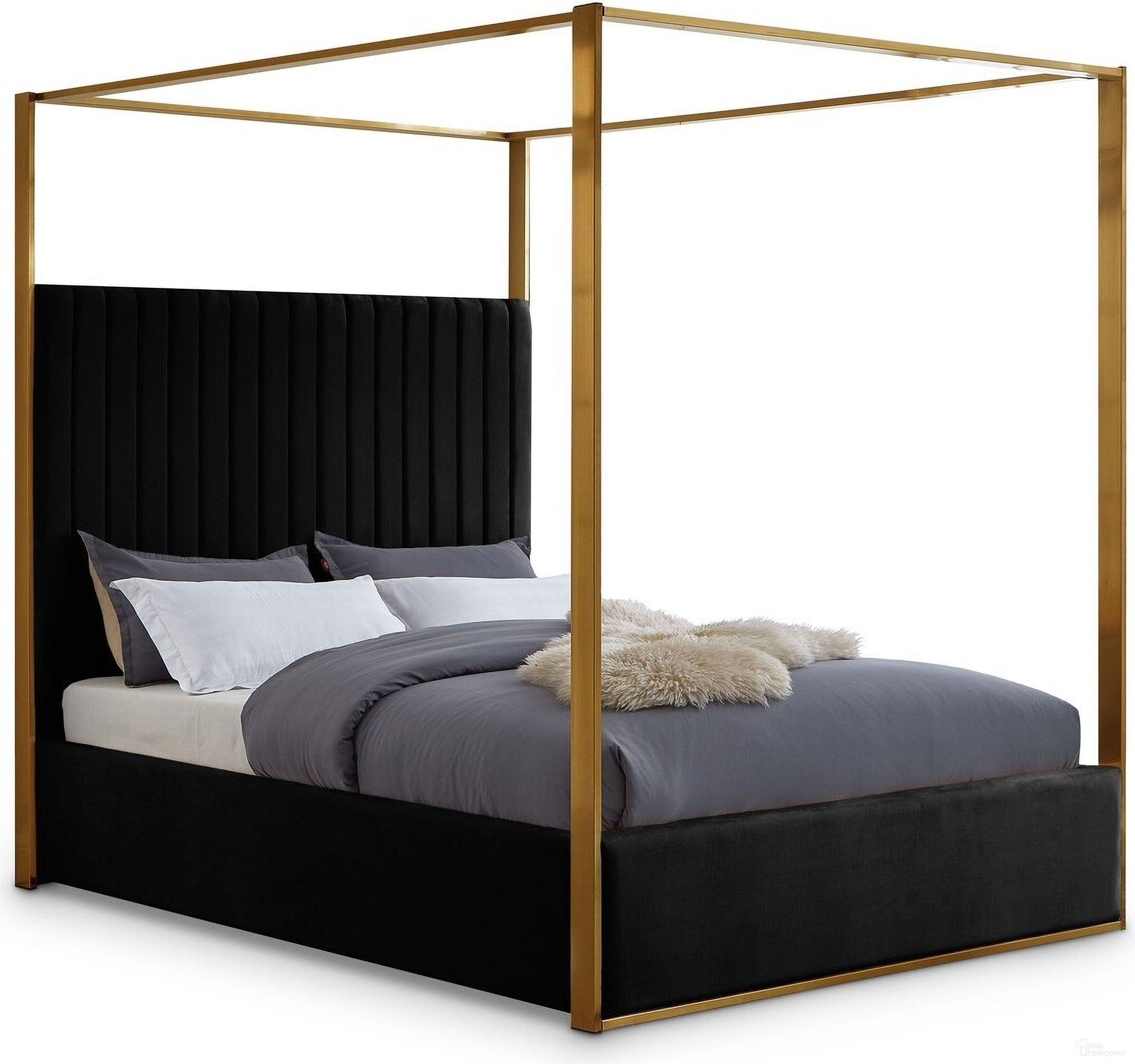 The appearance of Jones Velvet Queen Bed In Black designed by Meridian in the modern / contemporary interior design. This black piece of furniture was selected by 1StopBedrooms from Jones Collection to add a touch of cosiness and style into your home. Sku: JonesBlack-Q Box 1/2 (HB/Slats);JonesBlack-Q Box 2/2 (FB/Rails/Metal Bar/Hardware/Legs/9 Vertical Rods). Bed Type: Canopy Bed. Bed Size: Queen. Material: Velvet.