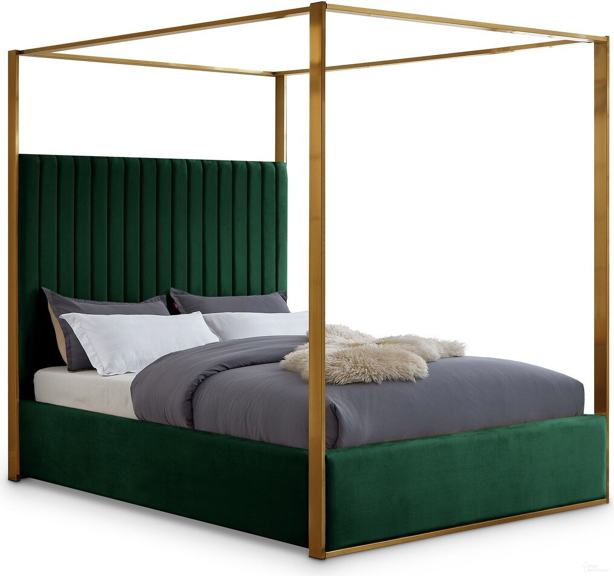 The appearance of Jones Velvet Queen Bed In Green designed by Meridian in the modern / contemporary interior design. This green piece of furniture was selected by 1StopBedrooms from Jones Collection to add a touch of cosiness and style into your home. Sku: JonesGreen-Q Box 1/2 (HB/Slats);JonesGreen-Q Box 2/2 (FB/Rails/Metal Bar/Hardware/Legs/9 Vertical Rods). Bed Type: Canopy Bed. Bed Size: Queen. Material: Velvet.