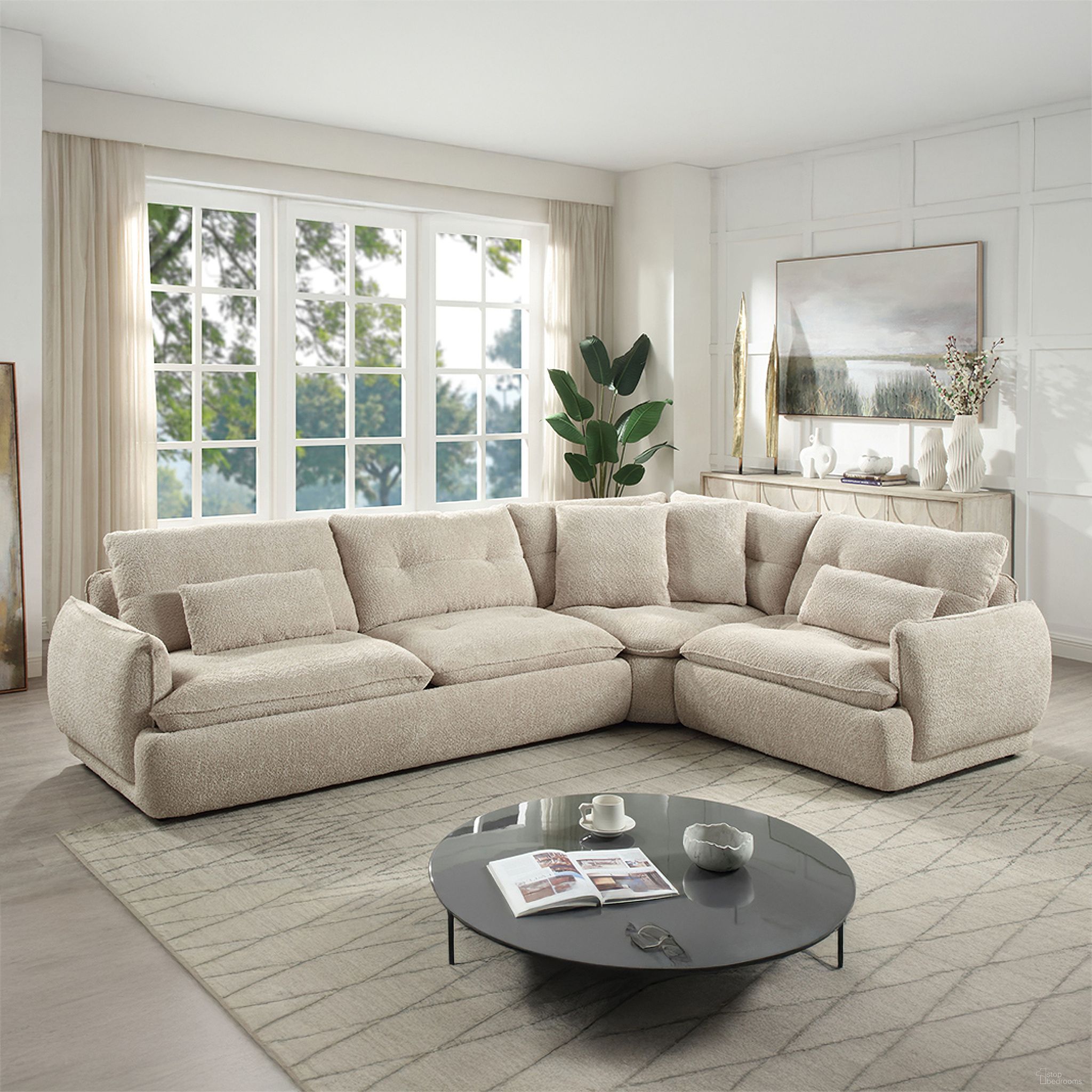 The appearance of Jonina Sectional Sofa with 4 Pillows In Beige Chenille designed by ACME in the modern / contemporary interior design. This beige chenille piece of furniture was selected by 1StopBedrooms from Jonina Collection to add a touch of cosiness and style into your home. Sku: LV04840-1;LV04840-2;LV04840-3. Material: Chenille. Layout: L-Shape.