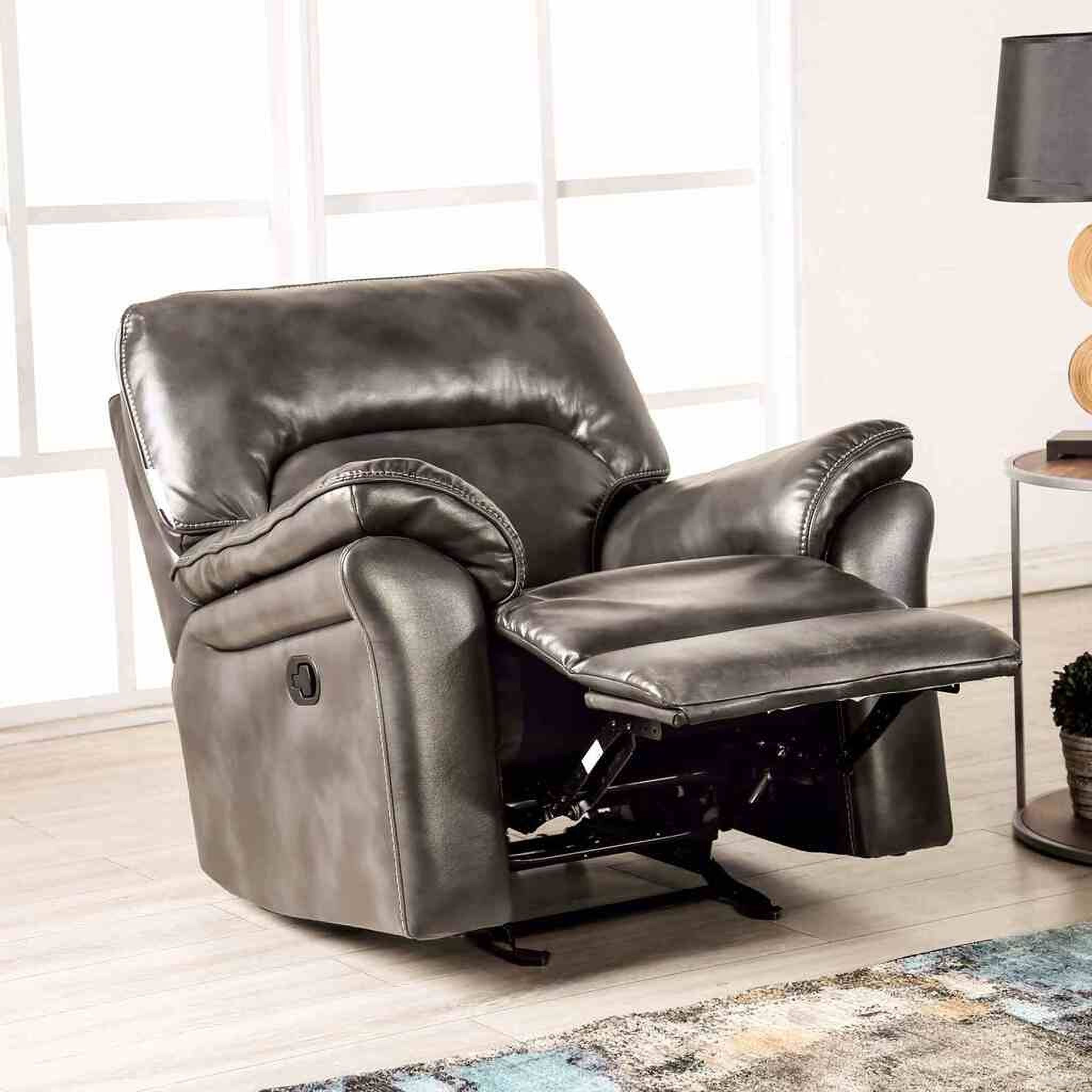 The appearance of Josias Glider Recliner In Dark Gray Leatherette designed by Furniture of America in the transitional interior design. This dark gray leatherette piece of furniture was selected by 1StopBedrooms from Josias Collection to add a touch of cosiness and style into your home. Sku: CM9908DG-CH. Material: Leather.