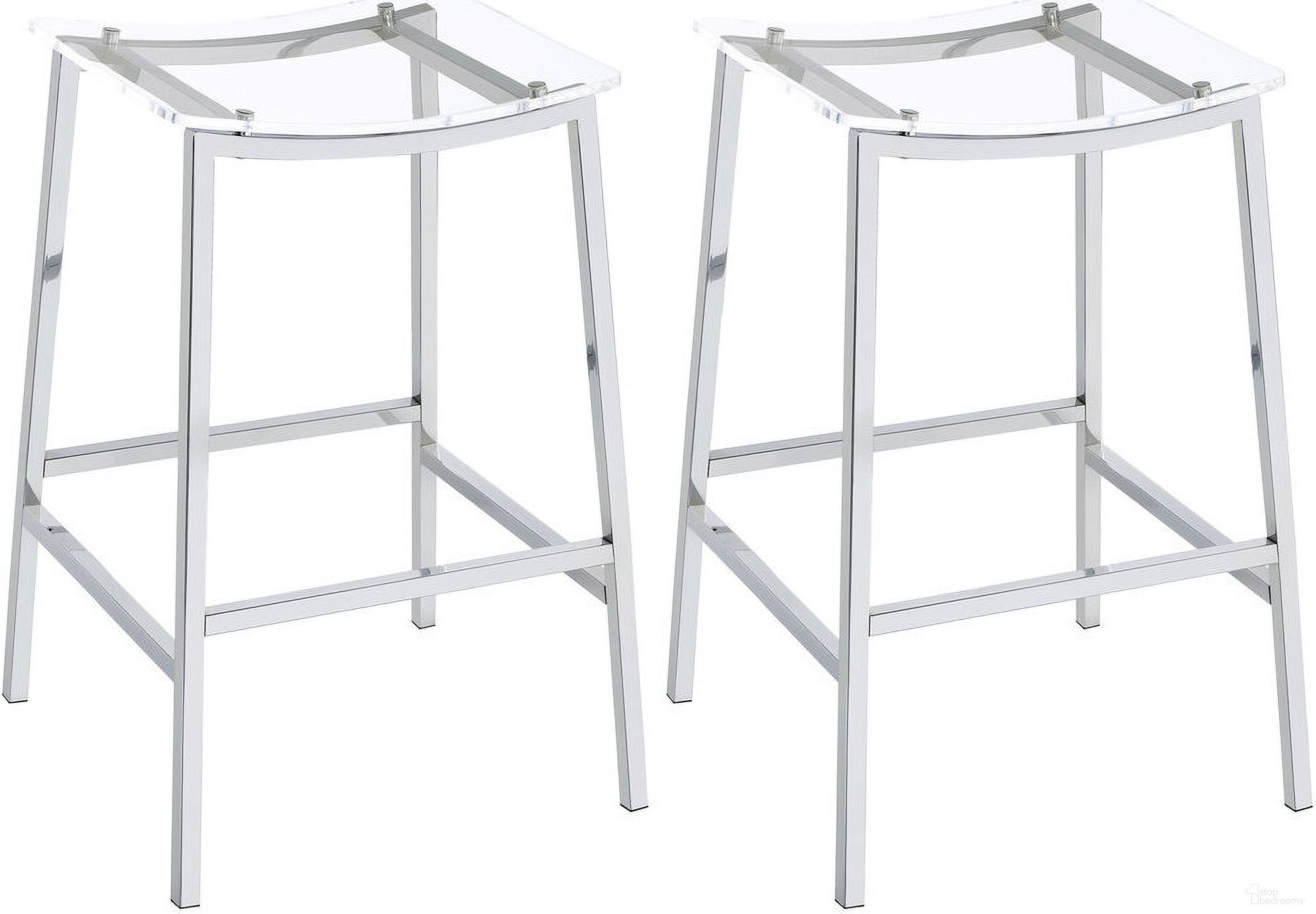 The appearance of Jovani Acrylic Backless Bar Stools Clear and Chrome Set of 2 designed by Coaster in the modern / contemporary interior design. This chrome piece of furniture  was selected by 1StopBedrooms from Jovani Collection to add a touch of cosiness and style into your home. Sku: 182359. Material: Metal.
