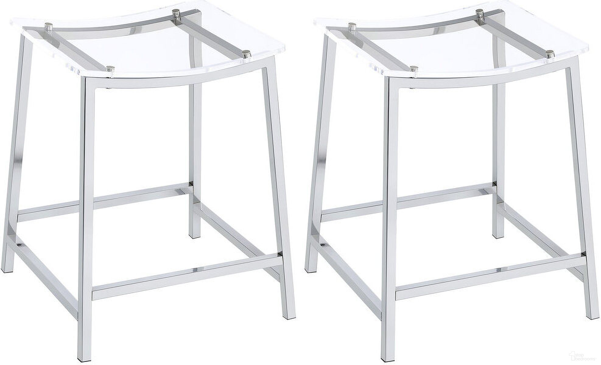 The appearance of Jovani Acrylic Backless Counter Height Bar Stools Clear and Chrome Set of 2 designed by Coaster in the modern / contemporary interior design. This chrome piece of furniture was selected by 1StopBedrooms from Jovani Collection to add a touch of cosiness and style into your home. Sku: 182358. Material: Metal.