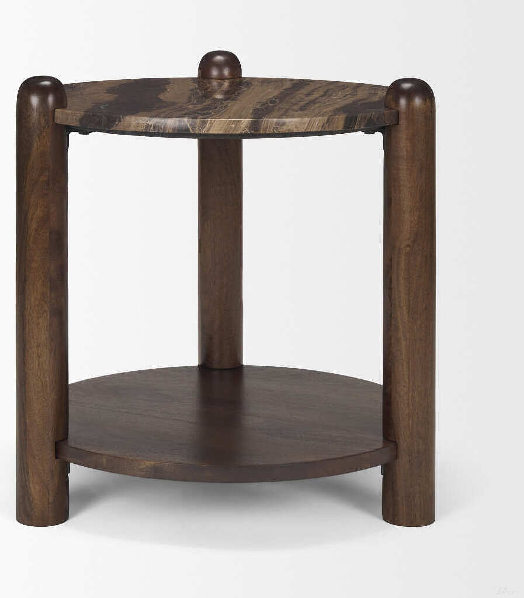 The appearance of Jovia Brown Mango Wood with Cappuccino Marble Round Side Table In Brown designed by Mercana in the modern / contemporary interior design. This brown piece of furniture  was selected by 1StopBedrooms from Jovia Collection to add a touch of cosiness and style into your home. Sku: 71123-AB. Material: Stone.