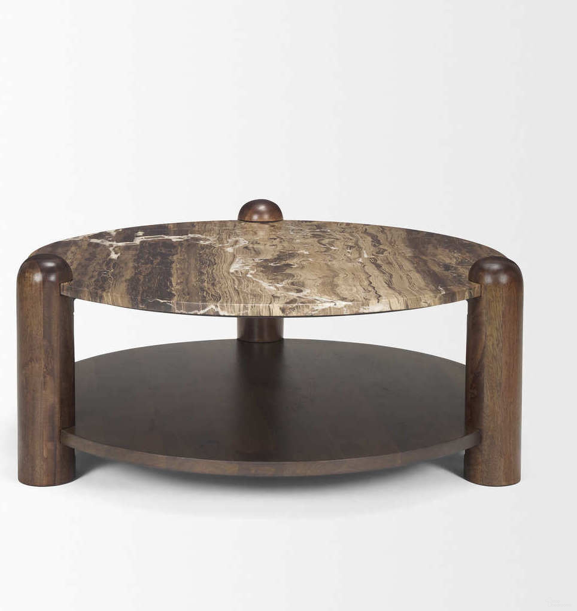 The appearance of Jovia Mango Wood with Marble Round Coffee Table In Brown designed by Mercana in the modern / contemporary interior design. This brown piece of furniture  was selected by 1StopBedrooms from Jovia Collection to add a touch of cosiness and style into your home. Sku: 71122-AB. Material: Stone.