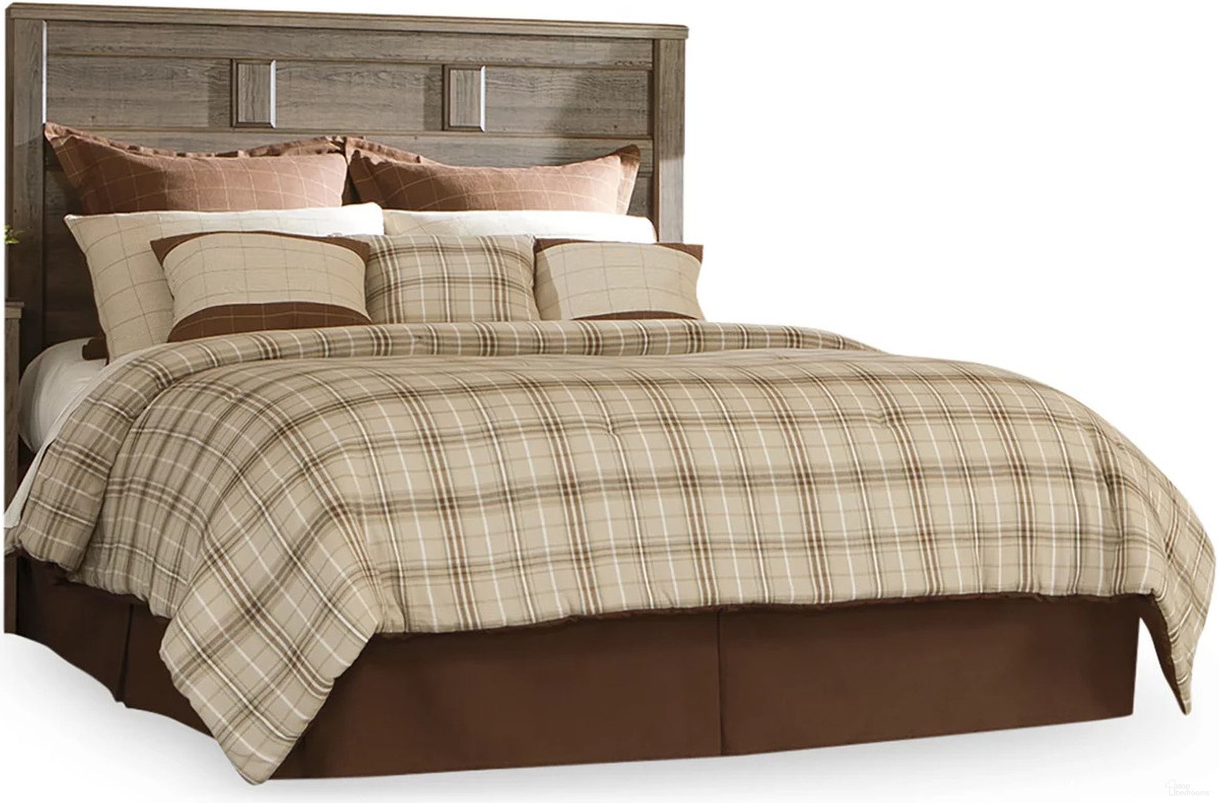 The appearance of Juararo Dark Brown Queen Panel Headboard Only designed by Signature Design by Ashley in the transitional interior design. This dark brown piece of furniture was selected by 1StopBedrooms from Juararo Collection to add a touch of cosiness and style into your home. Sku: B251-57. Material: Wood. Bed Size: Queen.