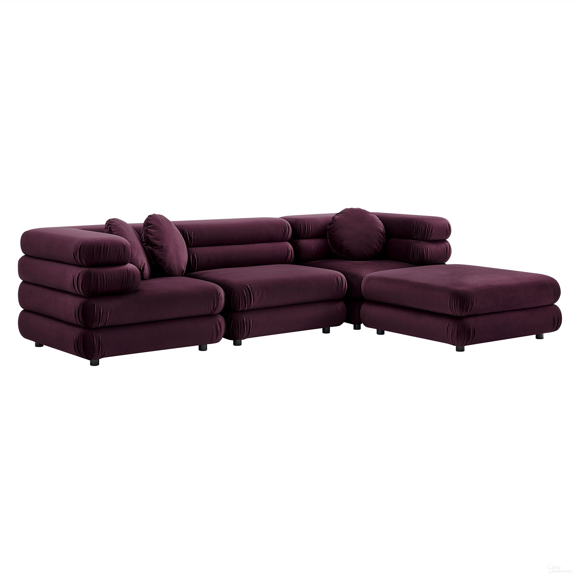 The appearance of Jubilee 4-Piece Modular Performance Velvet Sectional Sofa In Mulberry designed by Modway in the modern / contemporary interior design. This mulberry piece of furniture  was selected by 1StopBedrooms from Jubilee Collection to add a touch of cosiness and style into your home. Sku: EEI-6896-MUL;EEI-6898-MUL;EEI-6899-MUL;EEI-6898-MUL. Material: Velvet.