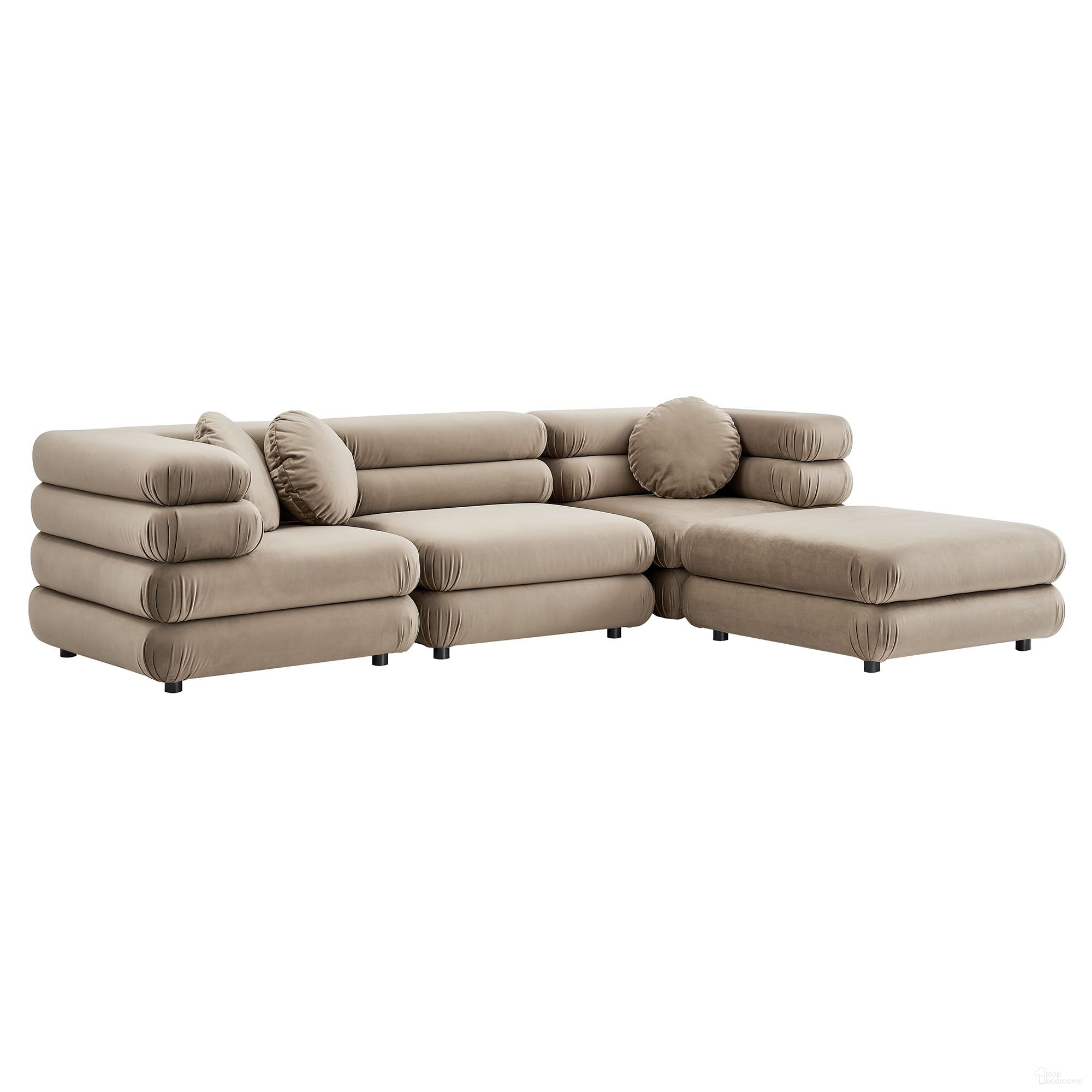The appearance of Jubilee 4-Piece Modular Performance Velvet Sectional Sofa In Taupe designed by Modway in the modern / contemporary interior design. This taupe piece of furniture was selected by 1StopBedrooms from Jubilee Collection to add a touch of cosiness and style into your home. Sku: EEI-6896-TAU;EEI-6898-TAU;EEI-6899-TAU;EEI-6898-TAU. Material: Velvet.