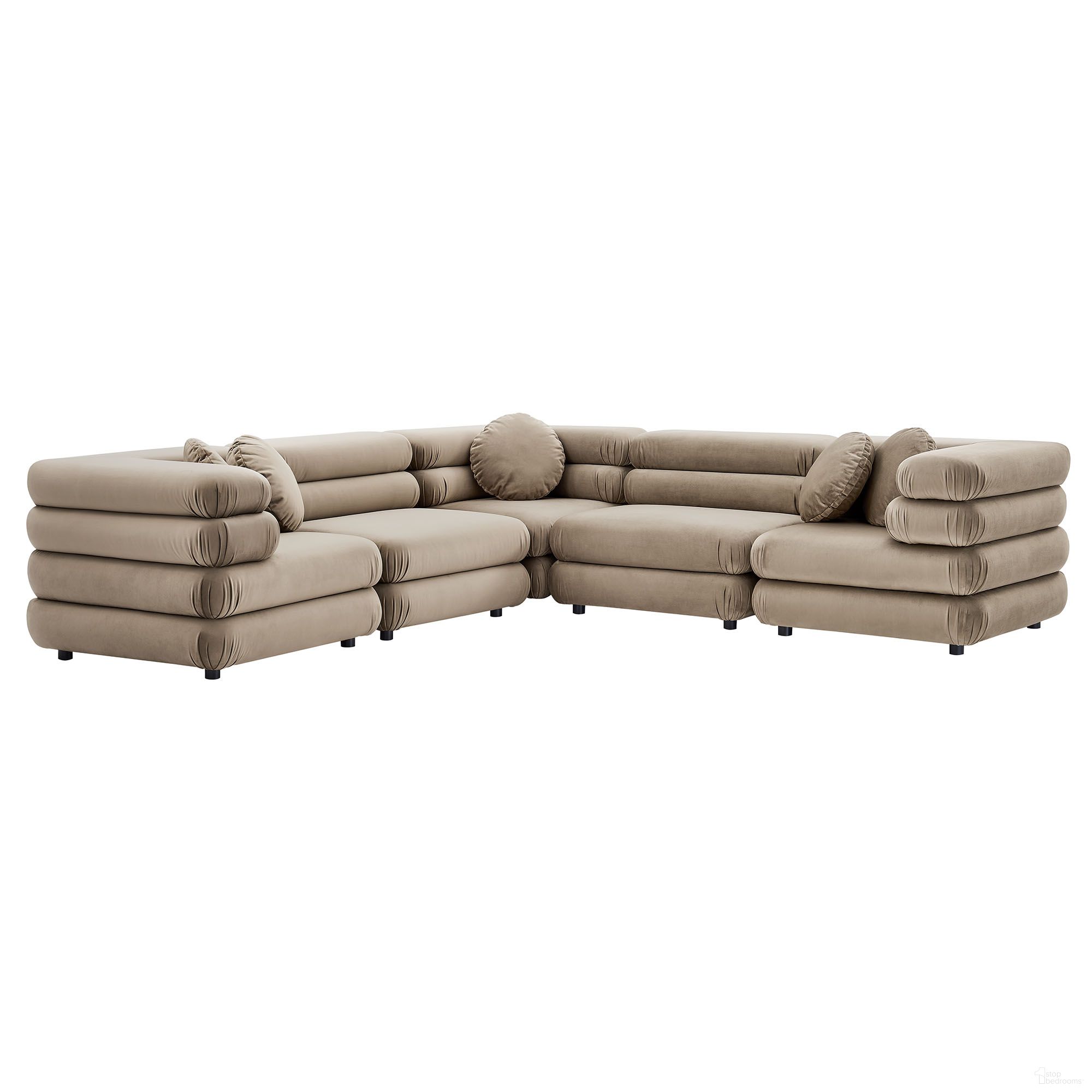 The appearance of Jubilee 5-Piece Modular Performance Velvet Sectional Sofa In Taupe designed by Modway in the modern / contemporary interior design. This taupe piece of furniture was selected by 1StopBedrooms from Jubilee Collection to add a touch of cosiness and style into your home. Sku: EEI-6896-TAU;EEI-6898-TAU;EEI-6896-TAU;EEI-6898-TAU;EEI-6898-TAU. Material: Velvet.