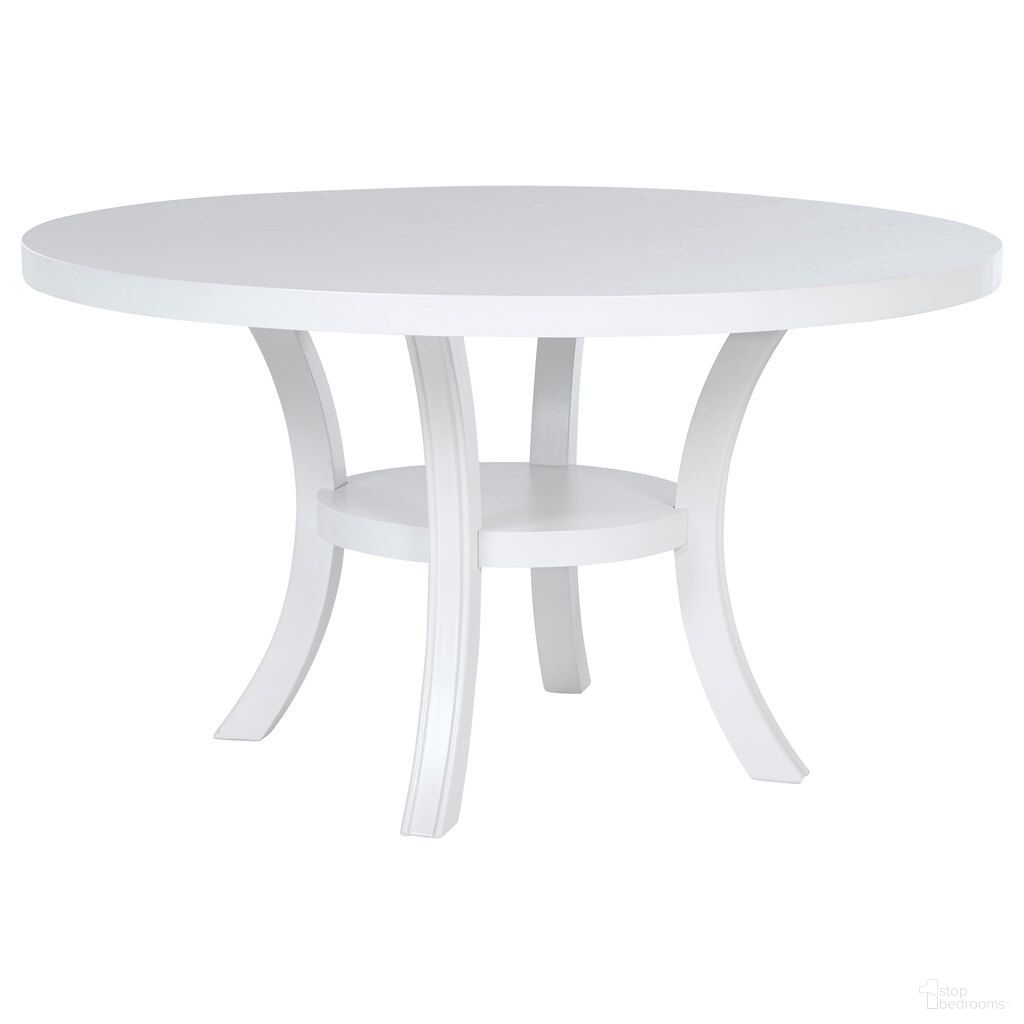 The appearance of Judd 54 Inch Round Dining Wood Table with Shelf In Pearl White designed by Coaster in the modern / contemporary interior design. This pearl white piece of furniture was selected by 1StopBedrooms from Judd Collection to add a touch of cosiness and style into your home. Sku: 109330. Table Base Style: Trestle. Table Top Shape: Round. Material: MDF. Size: 54".