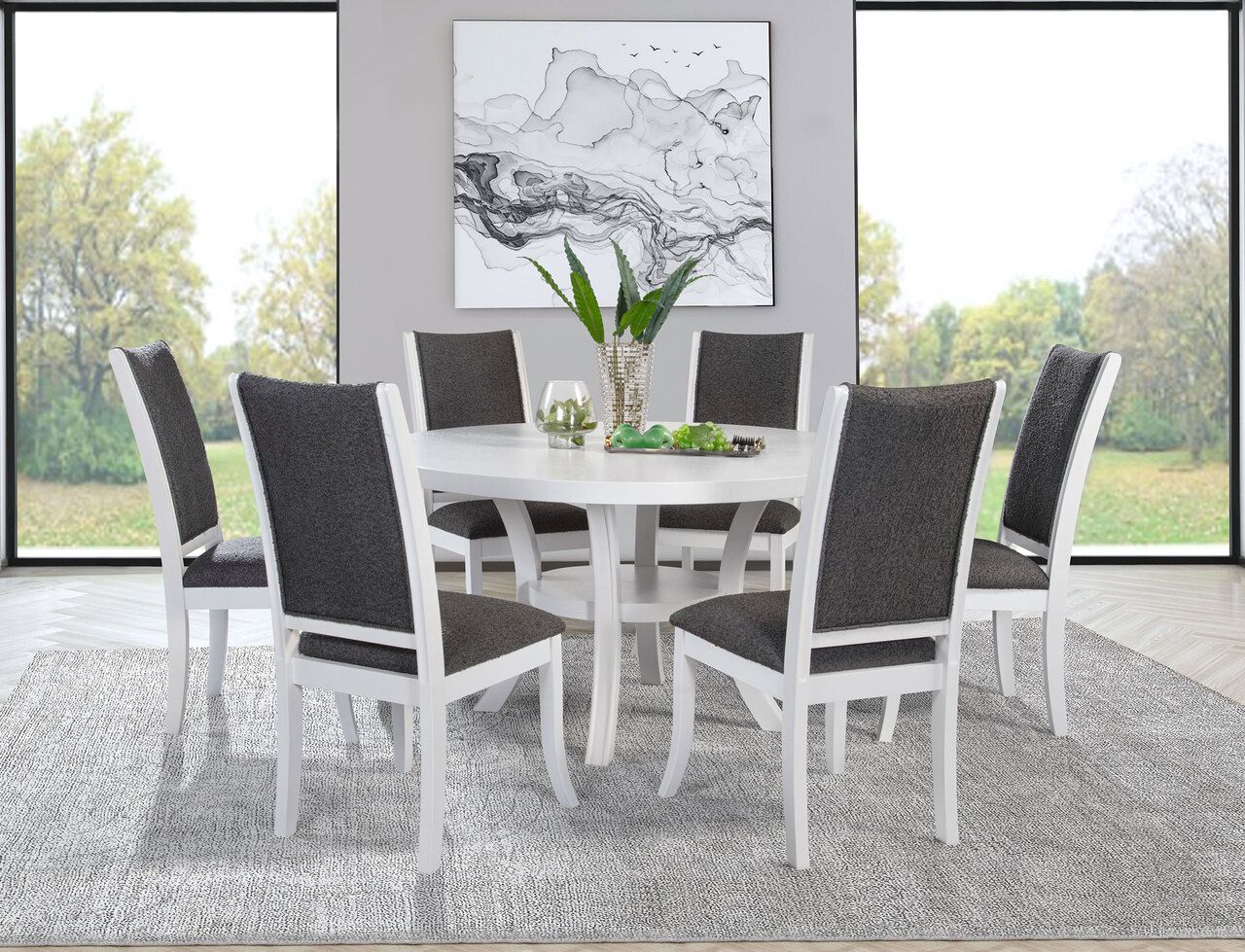 The appearance of Judd Round Wood Dining Room Set with Shelf In Pearl White designed by Coaster in the modern / contemporary interior design. This pearl white piece of furniture was selected by 1StopBedrooms from Judd Collection to add a touch of cosiness and style into your home. Sku: 109330;109332. Table Top Shape: Round. Size: 54". Material: Hardwood.