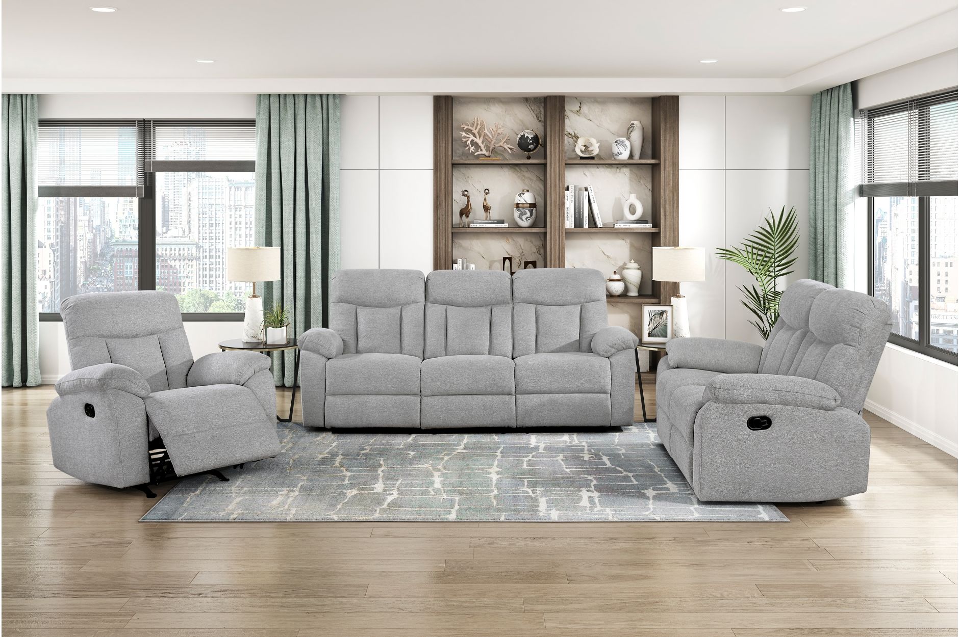 The appearance of Jules Double Reclining Living Room Set In Gray designed by Homelegance in the modern / contemporary interior design. This gray piece of furniture was selected by 1StopBedrooms from Jules Collection to add a touch of cosiness and style into your home. Sku: 8440GRY-3;8440GRY-2. Material: Chenille.
