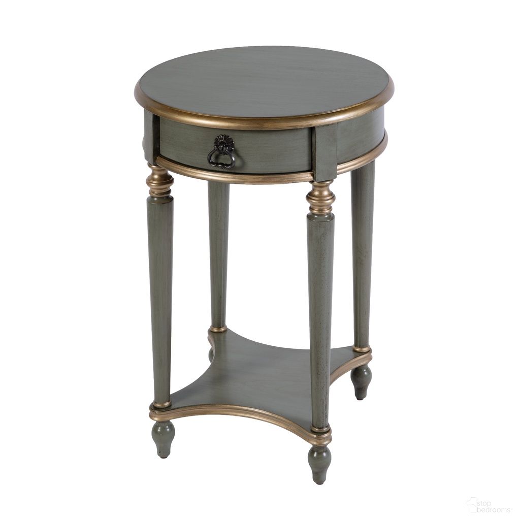 The appearance of Jules Round Wood 1 Drawer End Table In Pastel Green designed by Butler Specialty Company in the traditional interior design. This pastel green piece of furniture  was selected by 1StopBedrooms from Jules Collection to add a touch of cosiness and style into your home. Sku: 2096482. Material: Poplar.