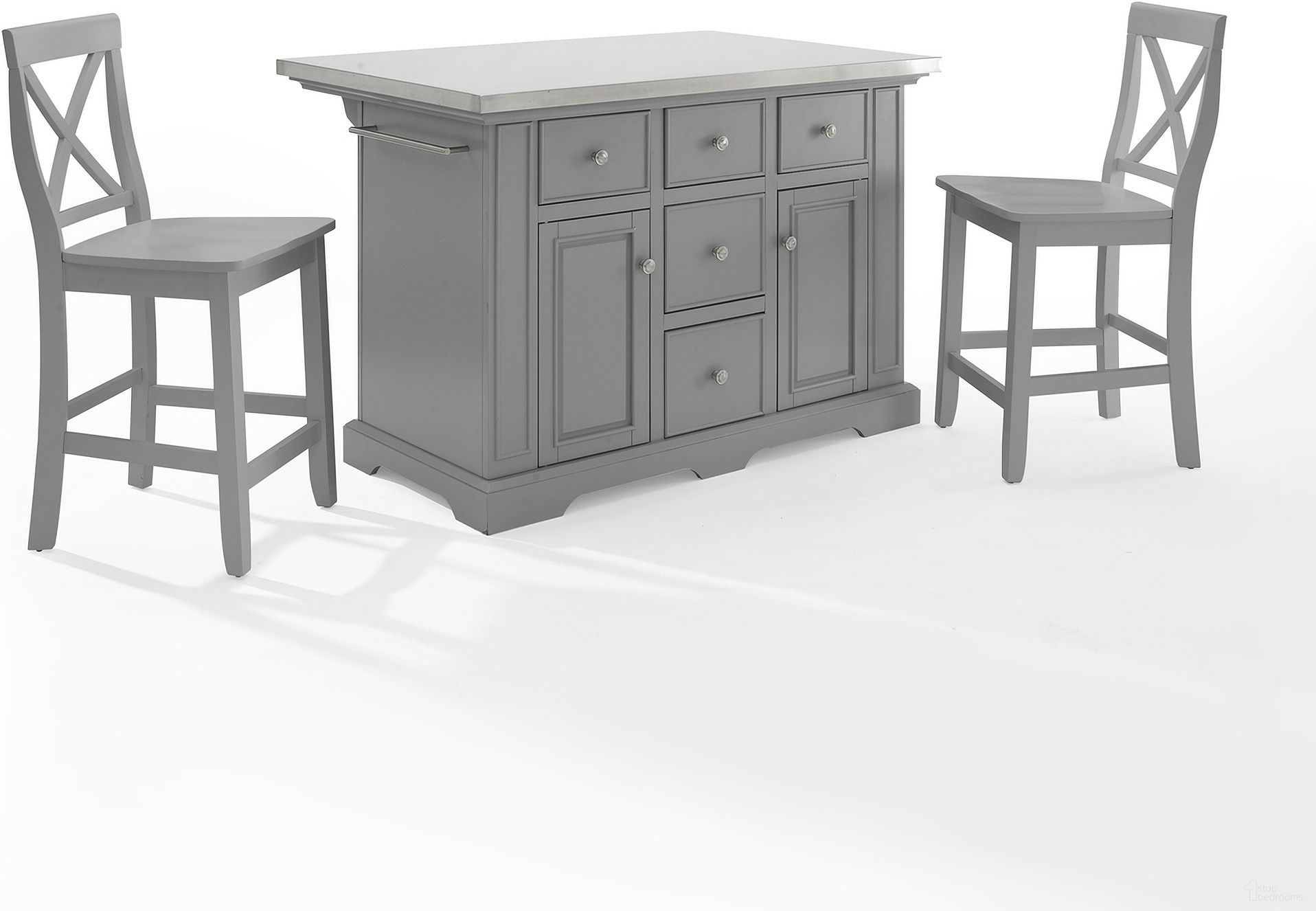The appearance of Julia Stainless Steel Top Island W/X-Back Stools In Gray designed by Crosley Brands in the traditional interior design. This gray piece of furniture was selected by 1StopBedrooms from Julia Collection to add a touch of cosiness and style into your home. Sku: CF3025-GY-2OF2;CF3025-GY-1OF2;CF500424-GY. Material: Solid Rubberwood.