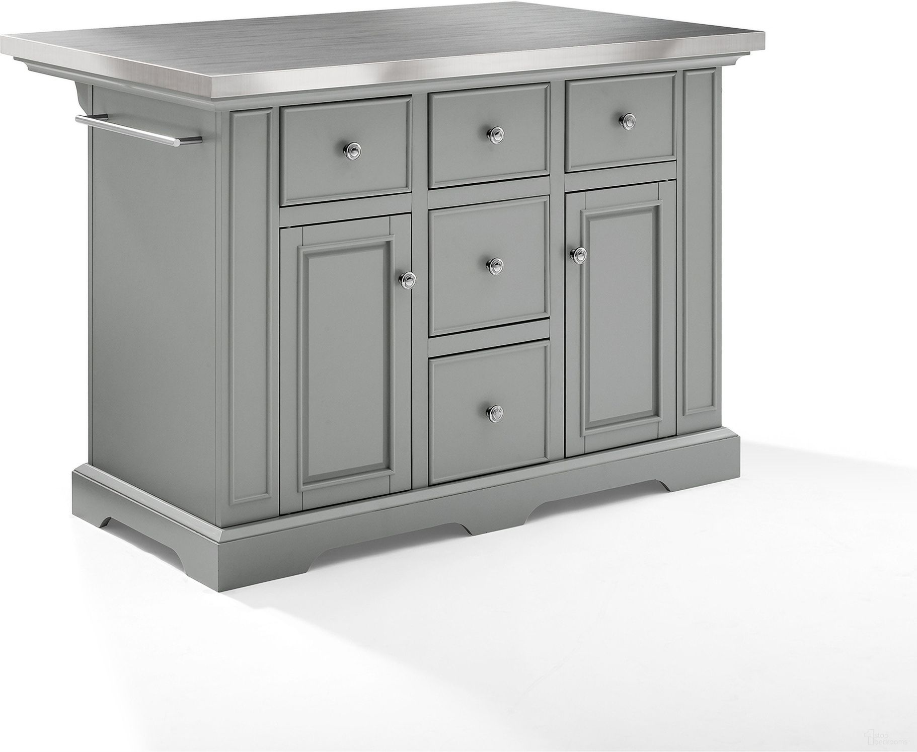 The appearance of Julia Stainless Steel Top Kitchen Island In Gray designed by Crosley Brands in the traditional interior design. This gray and stainless steel piece of furniture was selected by 1StopBedrooms from Julia Collection to add a touch of cosiness and style into your home. Sku: CF3025-GY-2OF2;CF3025-GY-1OF2. Material: Particle Board.