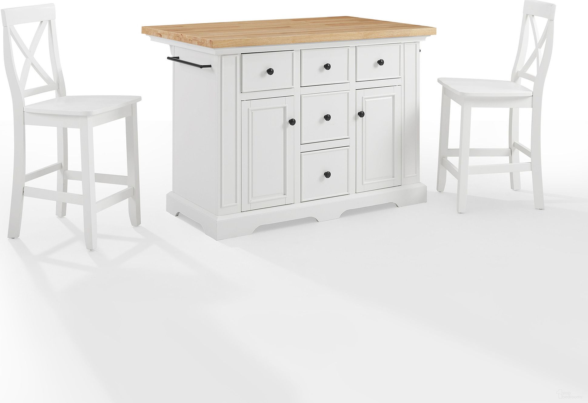 The appearance of Julia Wood Top Island W/X-Back Stools In White designed by Crosley Brands in the traditional interior design. This white piece of furniture was selected by 1StopBedrooms from Julia Collection to add a touch of cosiness and style into your home. Sku: CF3025NA-WH-2OF2;CF3025NA-WH-1OF2;CF500424-WH. Material: Solid Rubberwood.