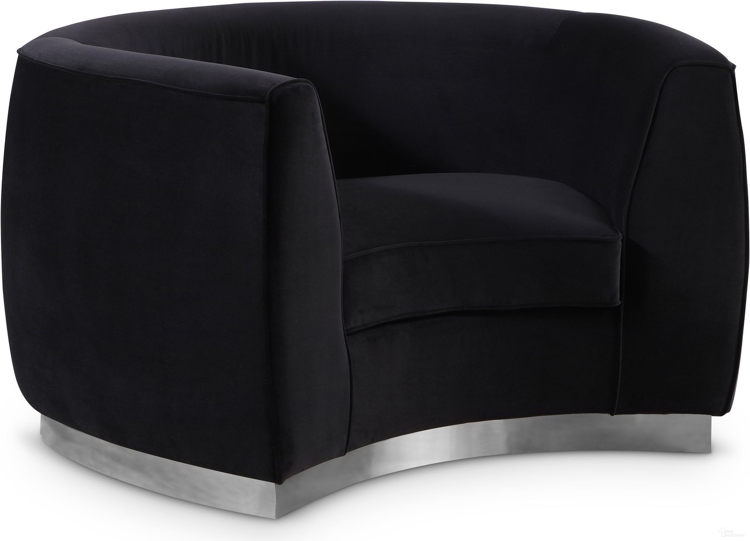 The appearance of Julian Velvet Chair In Black and Chrome designed by Meridian in the modern / contemporary interior design. This black piece of furniture  was selected by 1StopBedrooms from Julian Collection to add a touch of cosiness and style into your home. Sku: 621Black-C. Material: Velvet.