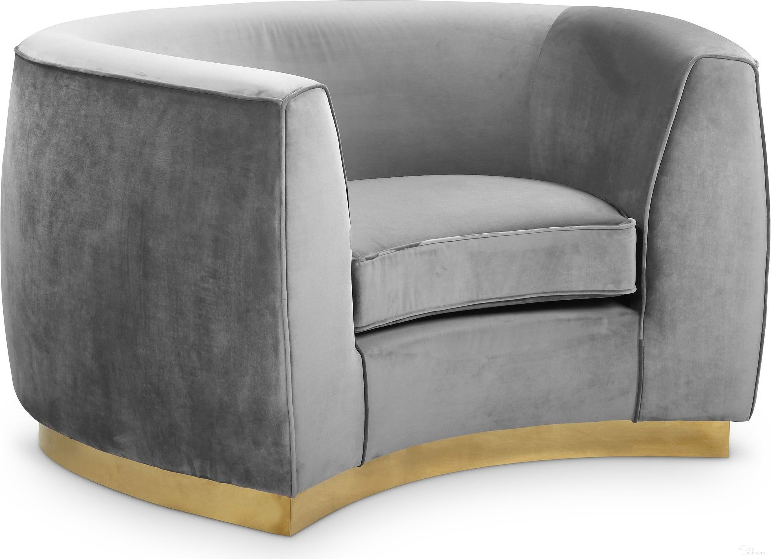 The appearance of Julian Velvet Chair In Grey/Gold designed by Meridian in the modern / contemporary interior design. This grey piece of furniture was selected by 1StopBedrooms from Julian Collection to add a touch of cosiness and style into your home. Sku: 620Grey-C. Material: Velvet.