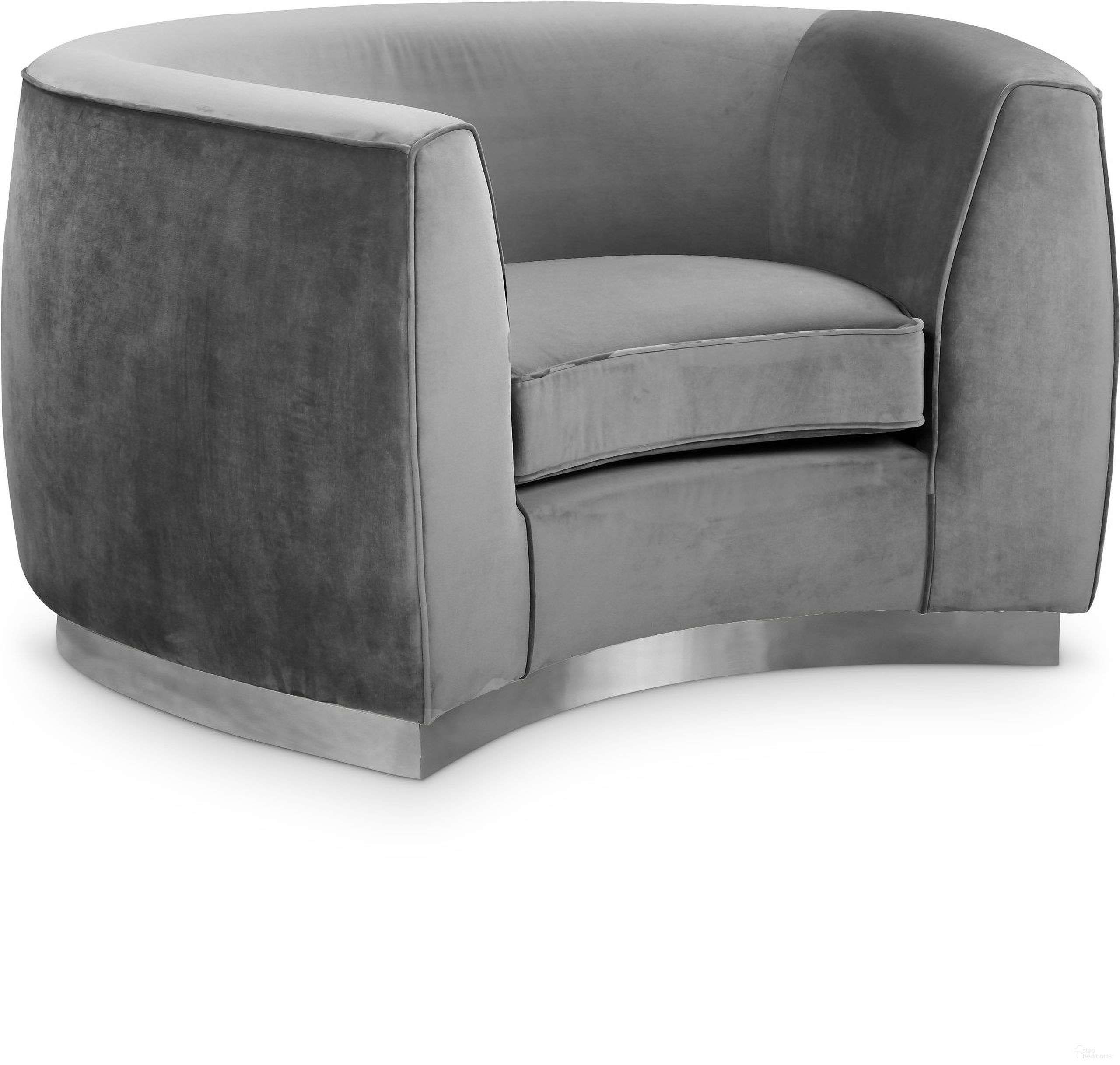 The appearance of Julian Velvet Chair In Grey/Chrome designed by Meridian in the modern / contemporary interior design. This grey piece of furniture was selected by 1StopBedrooms from Julian Collection to add a touch of cosiness and style into your home. Sku: 621Grey-C. Material: Velvet.