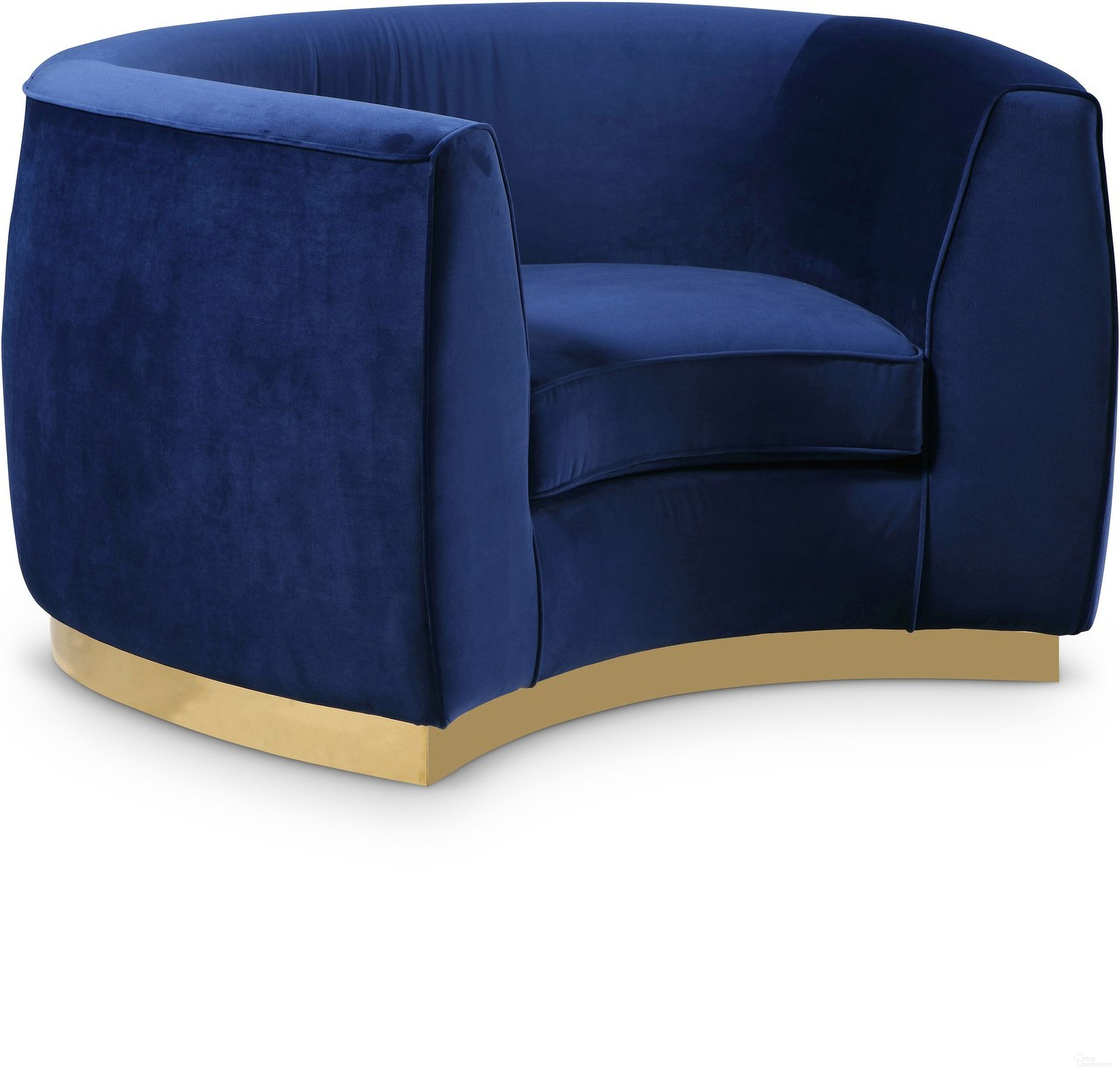 The appearance of Julian Velvet Chair In Navy/Gold designed by Meridian in the modern / contemporary interior design. This navy piece of furniture was selected by 1StopBedrooms from Julian Collection to add a touch of cosiness and style into your home. Sku: 620Navy-C. Material: Velvet.