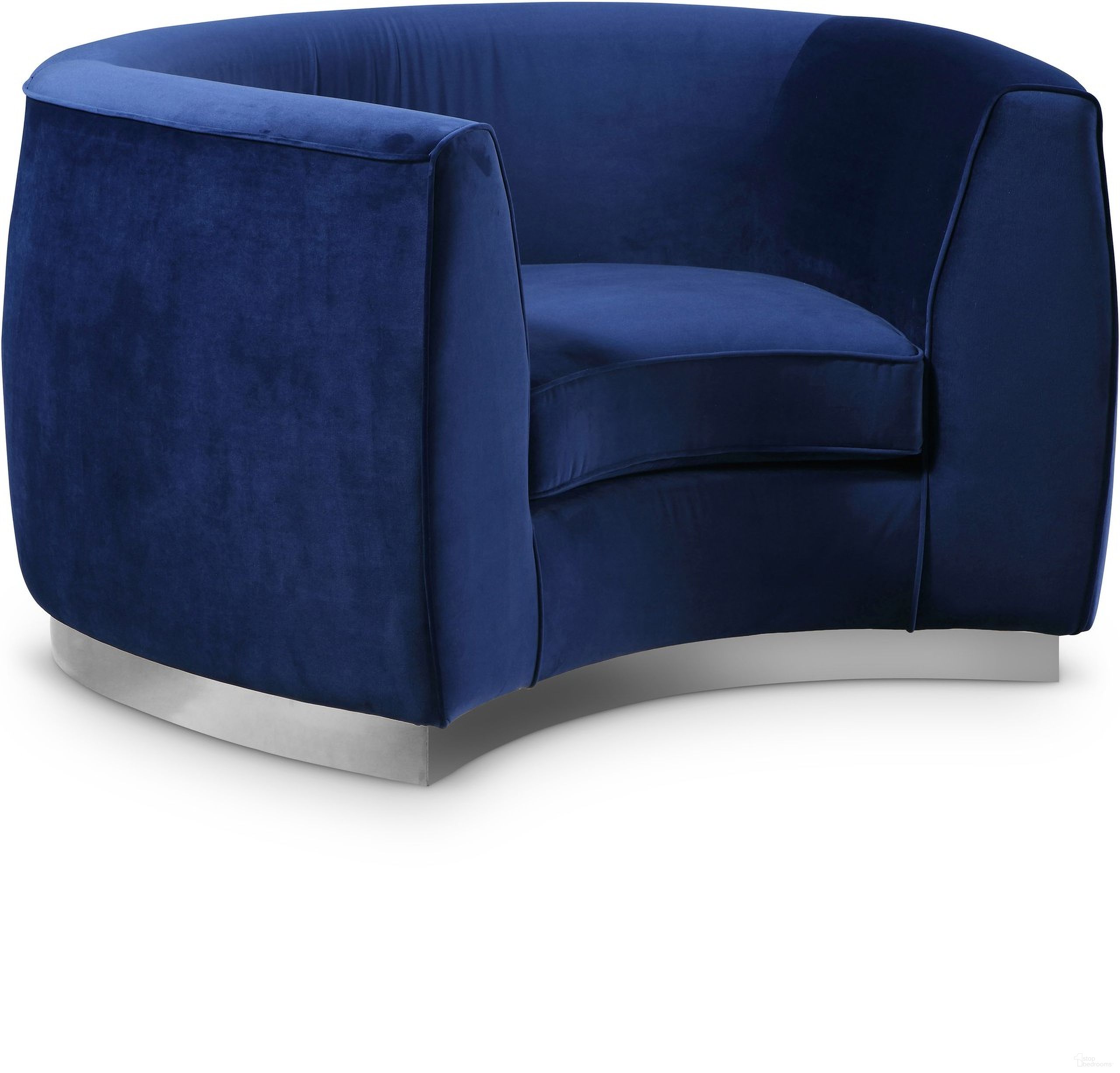 The appearance of Julian Velvet Chair In Navy/Chrome designed by Meridian in the modern / contemporary interior design. This navy piece of furniture  was selected by 1StopBedrooms from Julian Collection to add a touch of cosiness and style into your home. Sku: 621Navy-C. Material: Velvet.