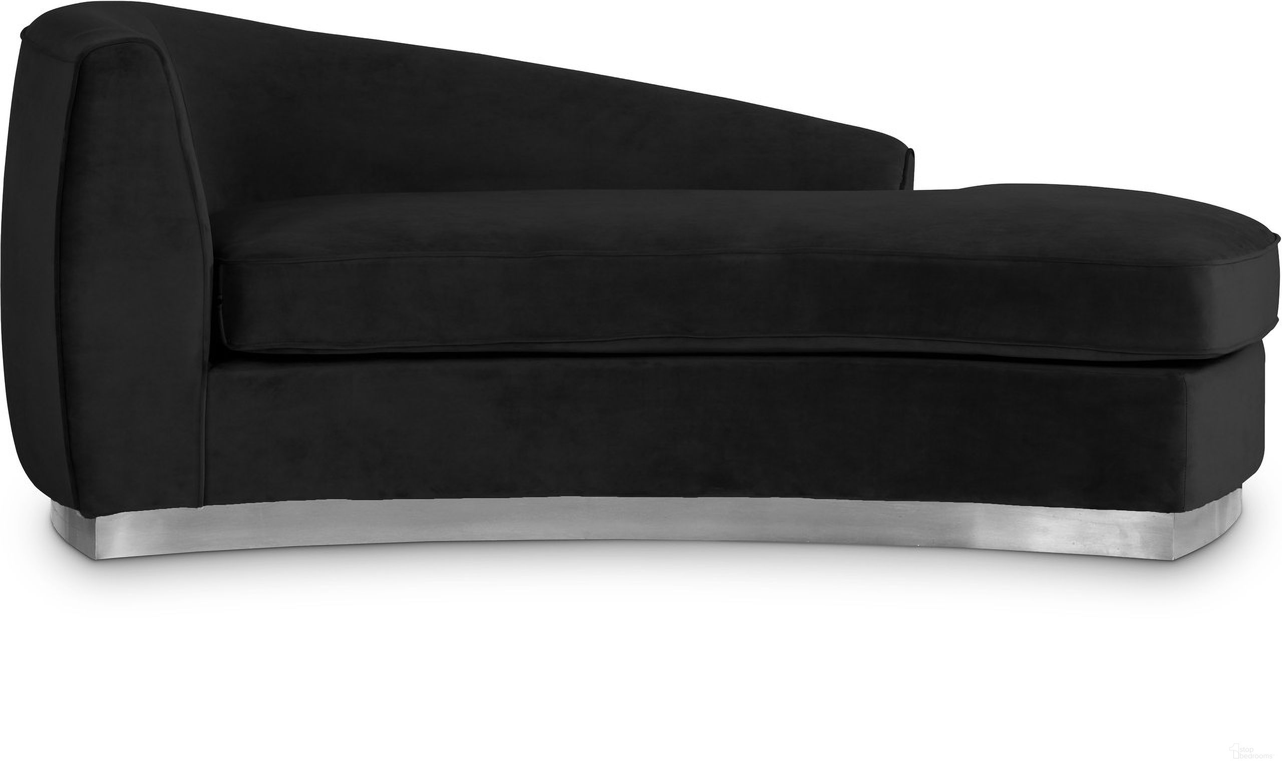 The appearance of Julian Velvet Chaise In Black/Chrome designed by Meridian in the modern / contemporary interior design. This black piece of furniture  was selected by 1StopBedrooms from Julian Collection to add a touch of cosiness and style into your home. Sku: 621Black-Chaise. Material: Velvet.