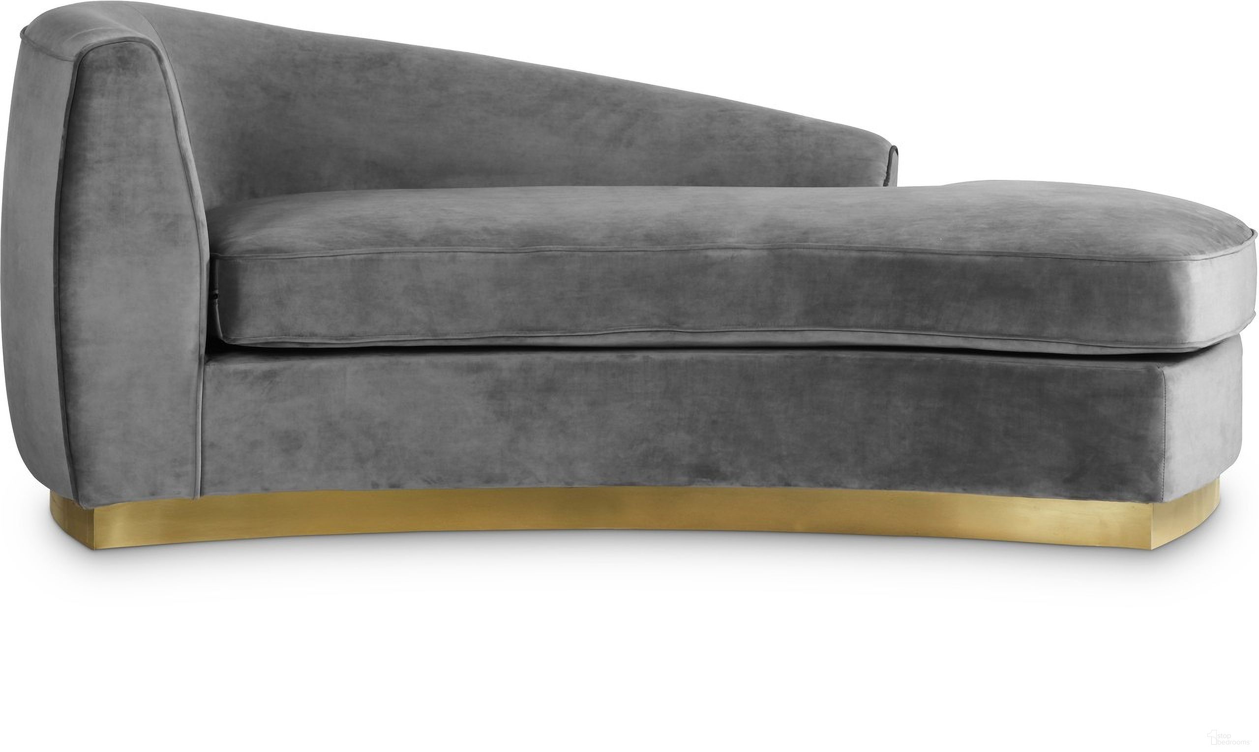 The appearance of Julian Velvet Chaise In Grey/Gold designed by Meridian in the modern / contemporary interior design. This grey piece of furniture was selected by 1StopBedrooms from Julian Collection to add a touch of cosiness and style into your home. Sku: 620Grey-Chaise. Material: Velvet.