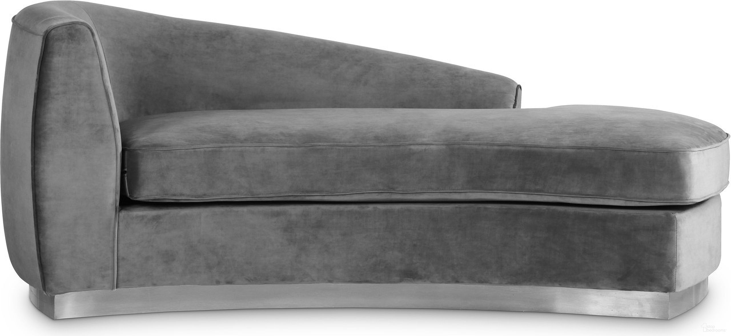 The appearance of Julian Velvet Chaise In Grey/Chrome designed by Meridian in the modern / contemporary interior design. This grey piece of furniture was selected by 1StopBedrooms from Julian Collection to add a touch of cosiness and style into your home. Sku: 621Grey-Chaise. Material: Velvet.