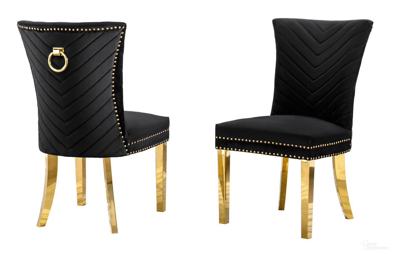 The appearance of Julie Upholstered Side Chairs Set of 2 In Black Velvet and Gold Stainless Steel Legs and Ring designed by Best Quality Furniture in the modern / contemporary interior design. This black and gold piece of furniture was selected by 1StopBedrooms from Julie Collection to add a touch of cosiness and style into your home. Sku: SC366. Material: Velvet. Chair Type: Side Chair.