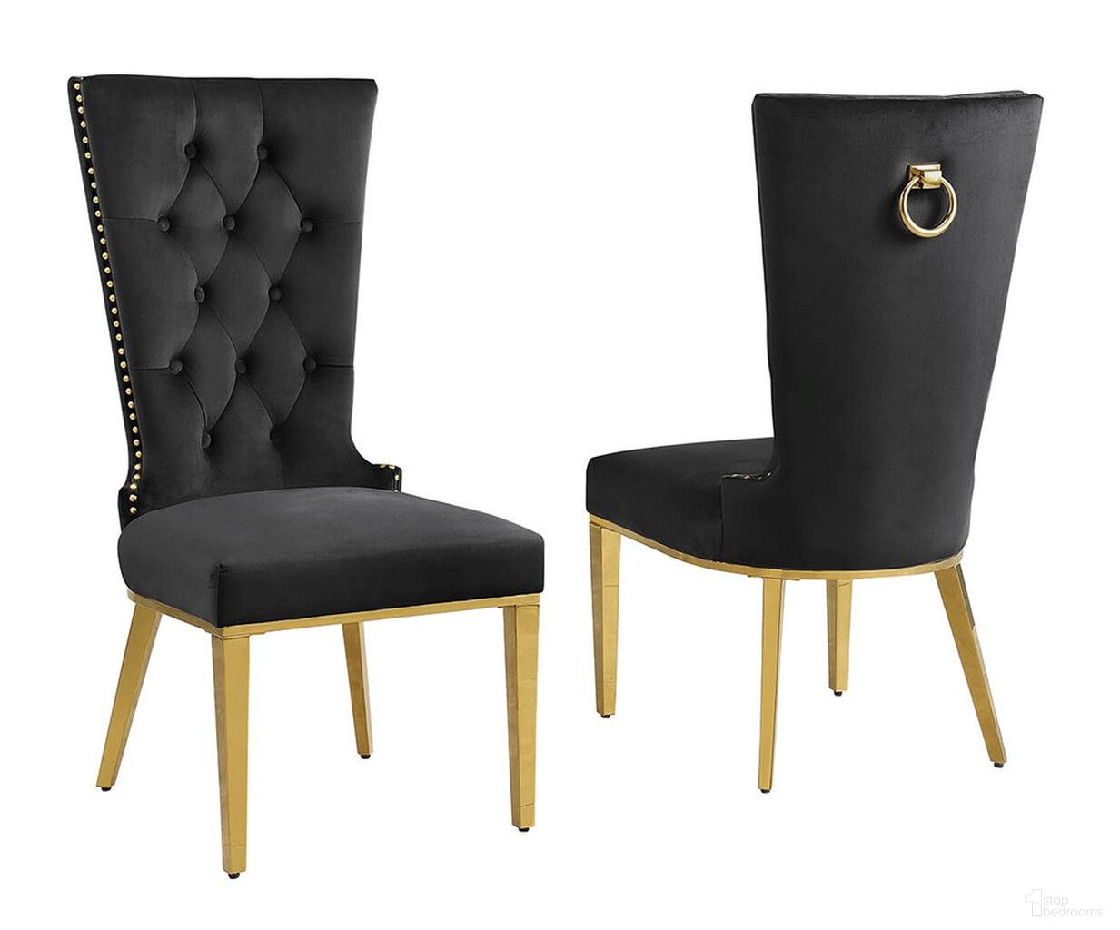 The appearance of Julie Upholstered Side Chairs Set of 2 In Black Velvet and Gold Stainless Steel designed by Best Quality Furniture in the modern / contemporary interior design. This black and gold piece of furniture was selected by 1StopBedrooms from Julie Collection to add a touch of cosiness and style into your home. Sku: SC336. Material: Velvet. Chair Type: Side Chair.