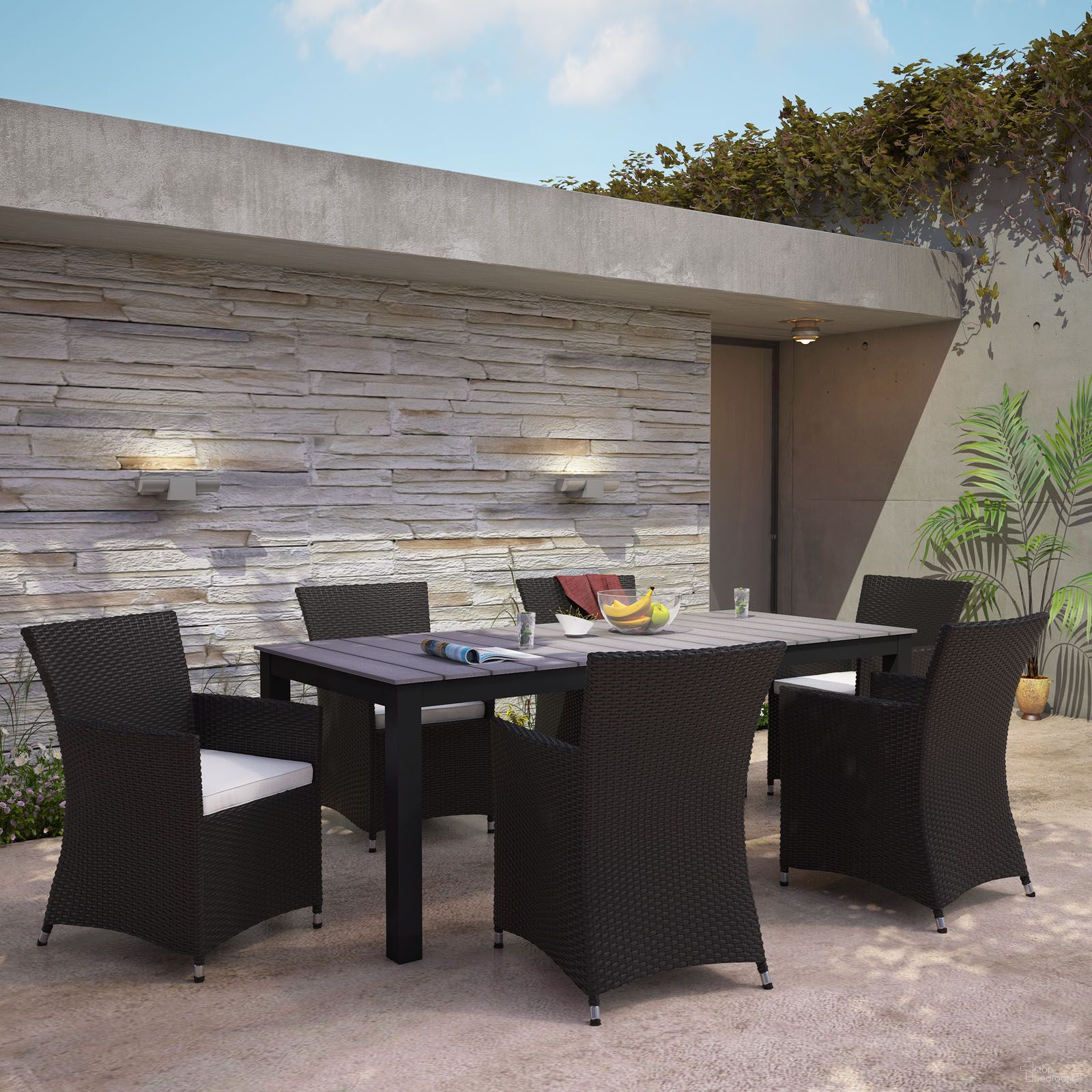 The appearance of Junction Brown White 7 Piece Outdoor Patio Dining Set EEI-1750-BRN-WHI-SET designed by Modway in the modern / contemporary interior design. This brown white piece of furniture was selected by 1StopBedrooms from Junction Collection to add a touch of cosiness and style into your home. Sku: EEI-1505-BRN-WHI;EEI-1507-BRN-LEGS;EEI-1509-BRN-GRY-2;EEI-1505-BRN-WHI;EEI-1505-BRN-WHI. Table Base Style: Legs. Material: Polyester. Table Top Shape: Rectangular.