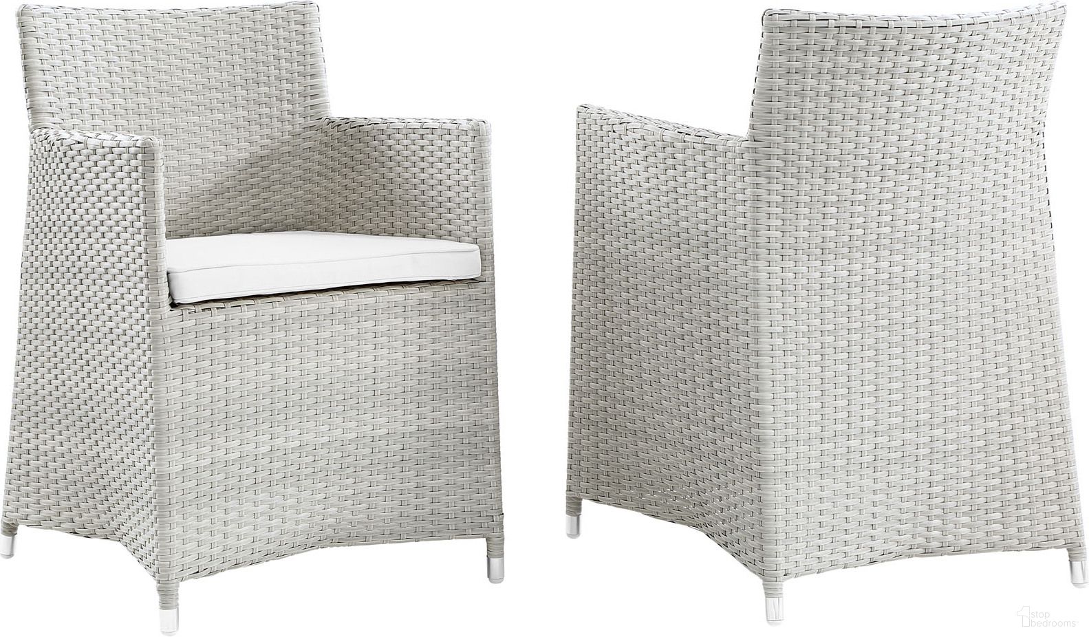 The appearance of Junction Gray and White Arm Chair Outdoor Patio Wicker Set of 2 designed by Modway in the modern / contemporary interior design. This gray and white piece of furniture was selected by 1StopBedrooms from Junction Collection to add a touch of cosiness and style into your home. Sku: EEI-1738-GRY-WHI-SET. Material: Polyester.