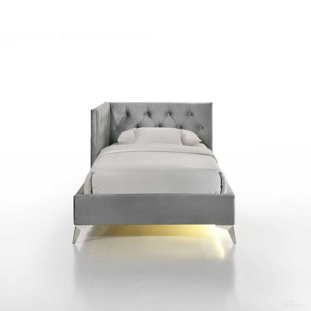 The appearance of Juniper Twin Upholstered Corner Bed with LED and USB In Grey designed by Picket House in the glam interior design. This grey piece of furniture  was selected by 1StopBedrooms from Juniper Collection to add a touch of cosiness and style into your home. Sku: B-480-3-THBS;B-480-3-TCR. Material: Polyester. Bed Size: Twin. Bed Type: Upholstered Bed.