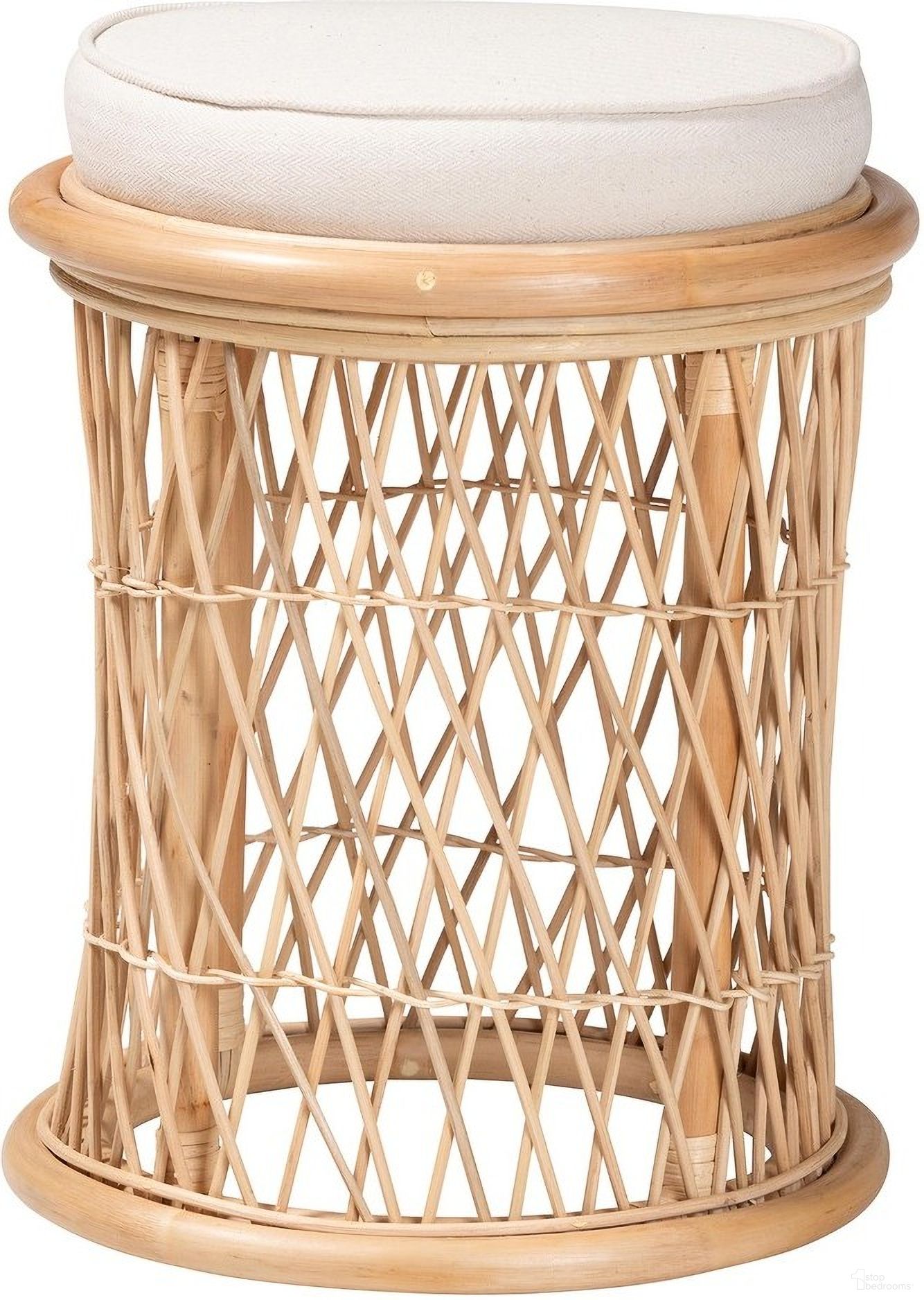 The appearance of Junius Rattan Ottoman Footstool In Natural and White designed by Baxton Studio in the bohemian interior design. This natural/white piece of furniture was selected by 1StopBedrooms from Junius Collection to add a touch of cosiness and style into your home. Sku: WS071-Natural Rattan-Stool. Material: Natural Rattan.