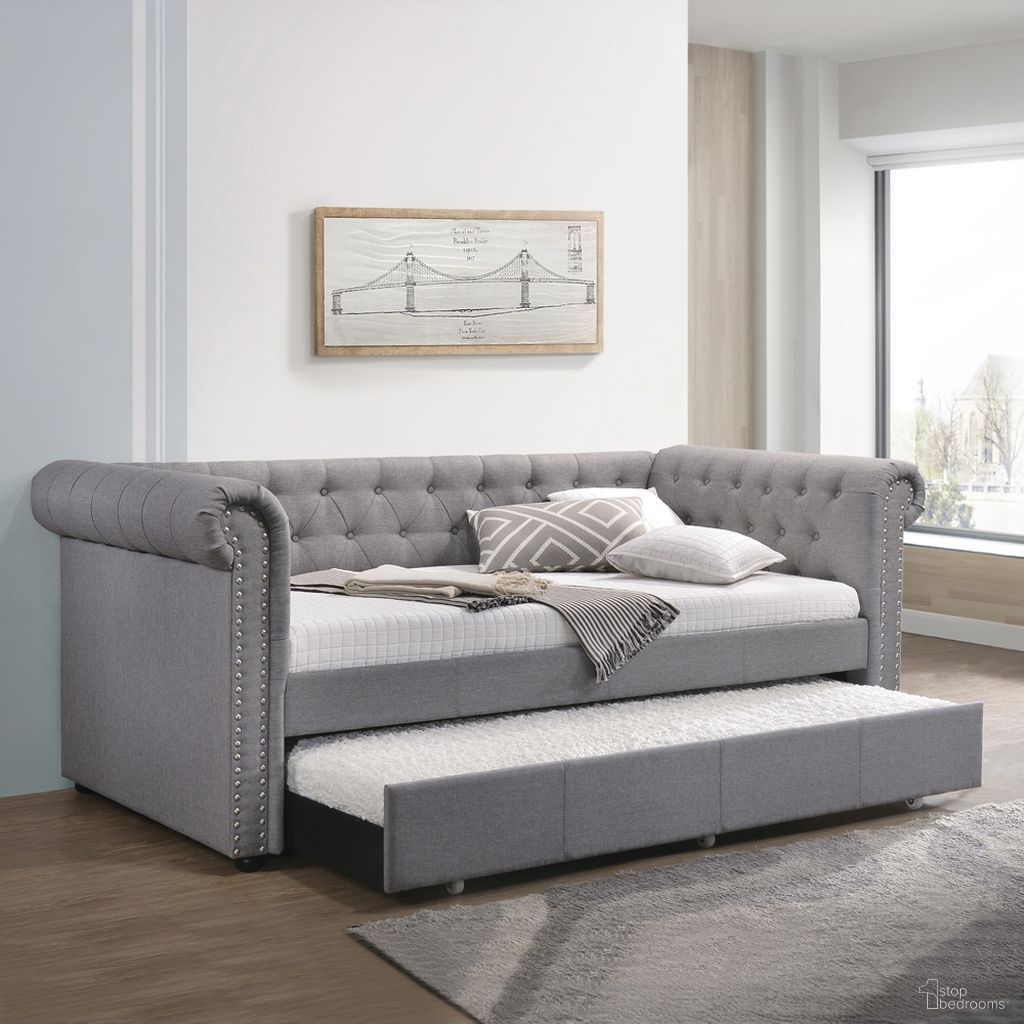 The appearance of Justice Daybed w/ Trundle designed by ACME in the rustic / southwestern interior design. This smoke gray piece of furniture was selected by 1StopBedrooms from Justice Collection to add a touch of cosiness and style into your home. Sku: 39405SLAT;39406PNL;39407TRN. Bed Type: Daybed. Material: Wood. Bed Size: Twin.