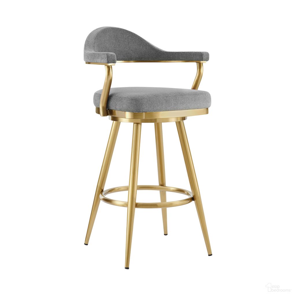The appearance of Justin 30 Inch Swivel Barstool with Gold Brushed Stainless Steel and Anchor Gray Fabric designed by Armen Living in the modern / contemporary interior design. This anchor gray piece of furniture was selected by 1StopBedrooms from Justin Collection to add a touch of cosiness and style into your home. Sku: LCJTBABGLAGRY30. Material: Stainless Steel.