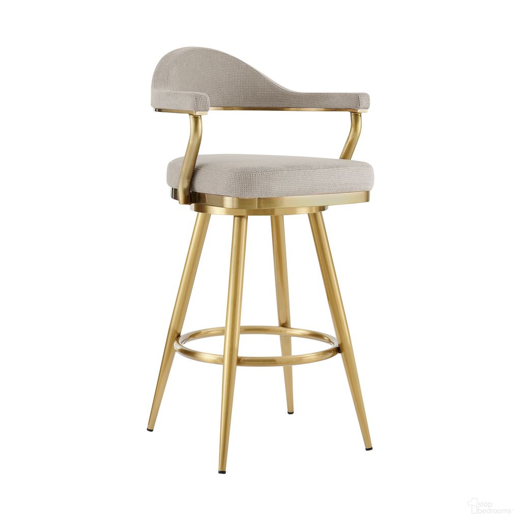 The appearance of Justin 30 Inch Swivel Barstool with Gold Brushed Stainless Steel and Taupe Fabric designed by Armen Living in the modern / contemporary interior design. This taupe piece of furniture  was selected by 1StopBedrooms from Justin Collection to add a touch of cosiness and style into your home. Sku: LCJTBABGLTP30. Material: Stainless Steel.