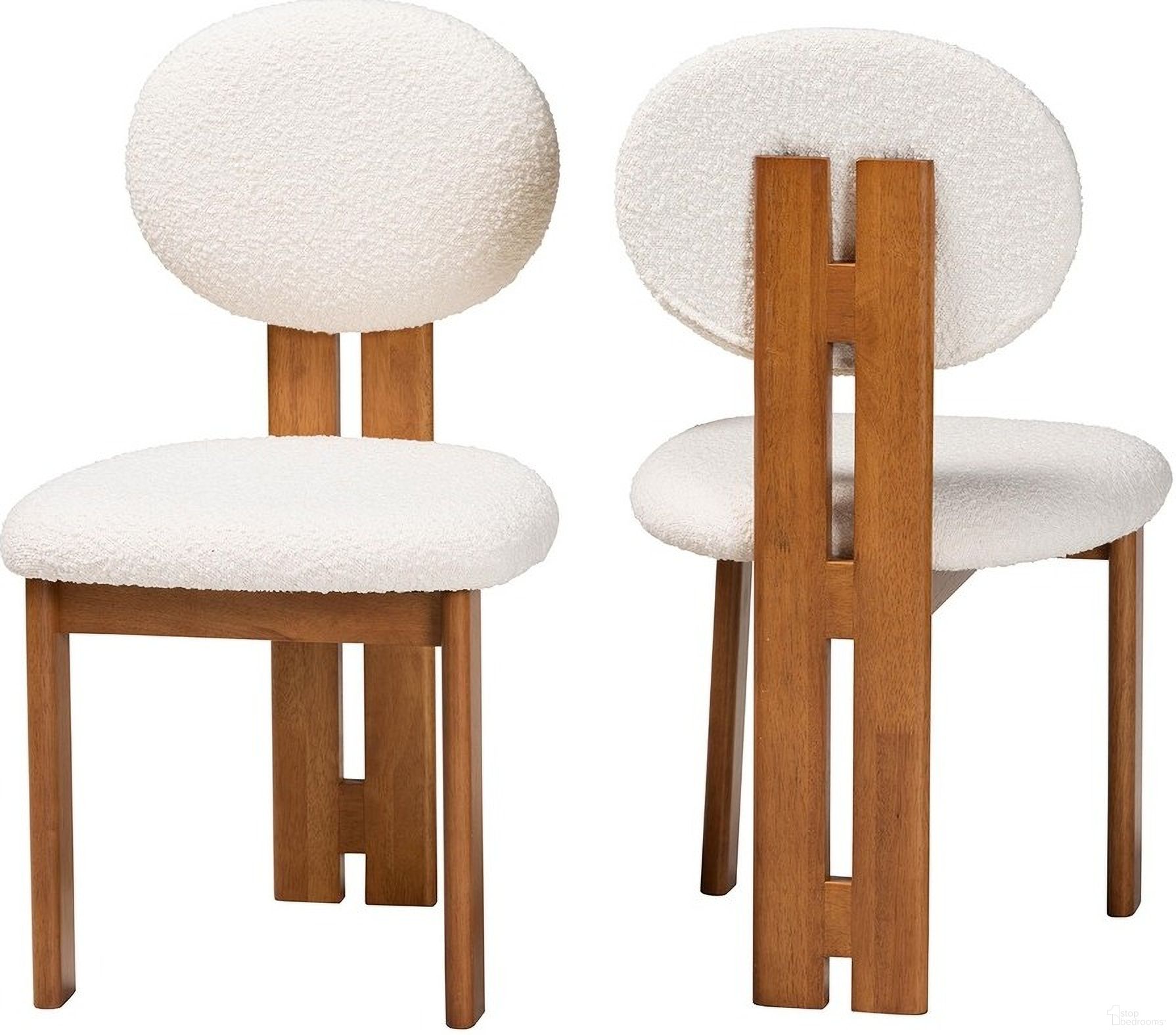 The appearance of Kacela Boucle Fabric and Wood Dining Chair Set of 2 In Cream and Walnut Brown designed by Baxton Studio in the modern / contemporary interior design. This cream/brown piece of furniture was selected by 1StopBedrooms from Kacela Collection to add a touch of cosiness and style into your home. Sku: BBT5490-Walnut/Maya Cream-DC. Material: MDF. Chair Type: Side Chair.