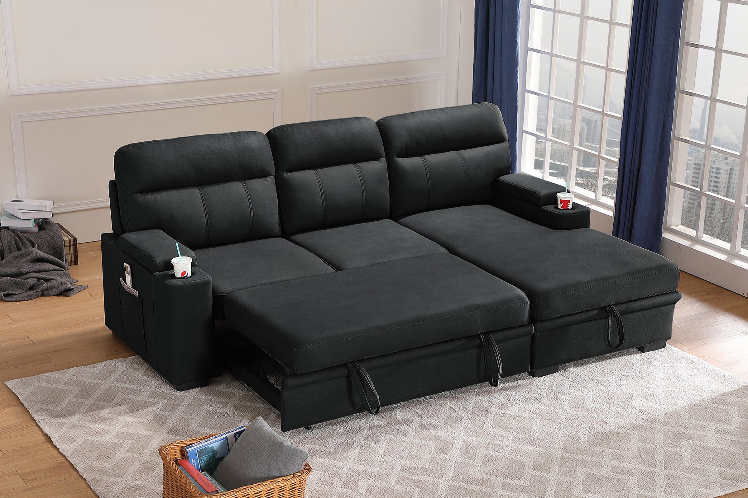 Kaden 94 Inch Fabric Sleeper Sectional Sofa Chaise with Storage Arms and Cupholder In Black