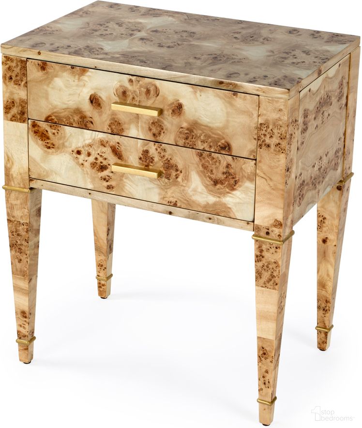The appearance of Kai 2 Drawer End Table In Brown and Cream designed by Butler Specialty Company in the modern / contemporary interior design. This brown and cream piece of furniture  was selected by 1StopBedrooms from Kai Collection to add a touch of cosiness and style into your home. Sku: 5713443. Material: Poplar.